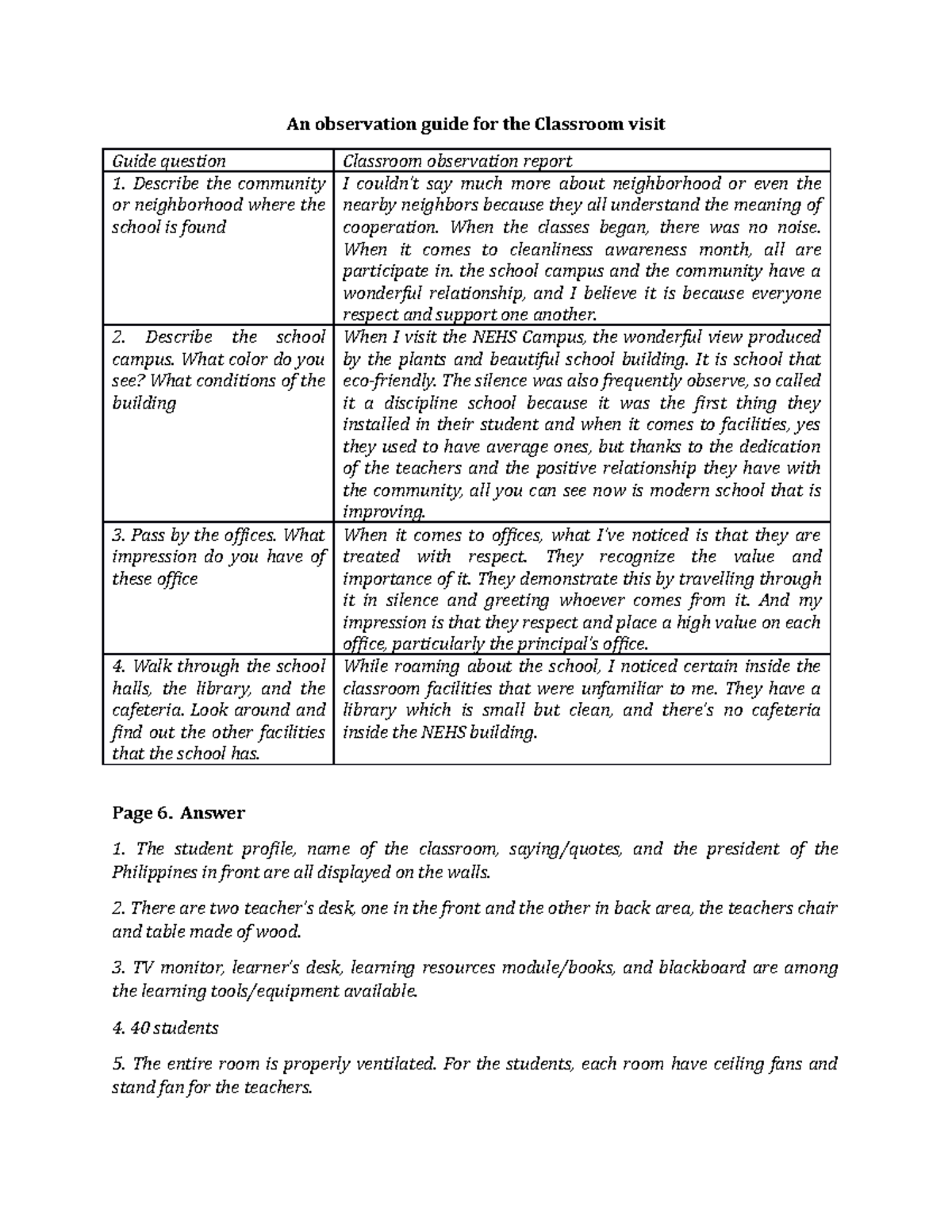 Fs 1 answer - none - An observation guide for the Classroom visit Guide ...