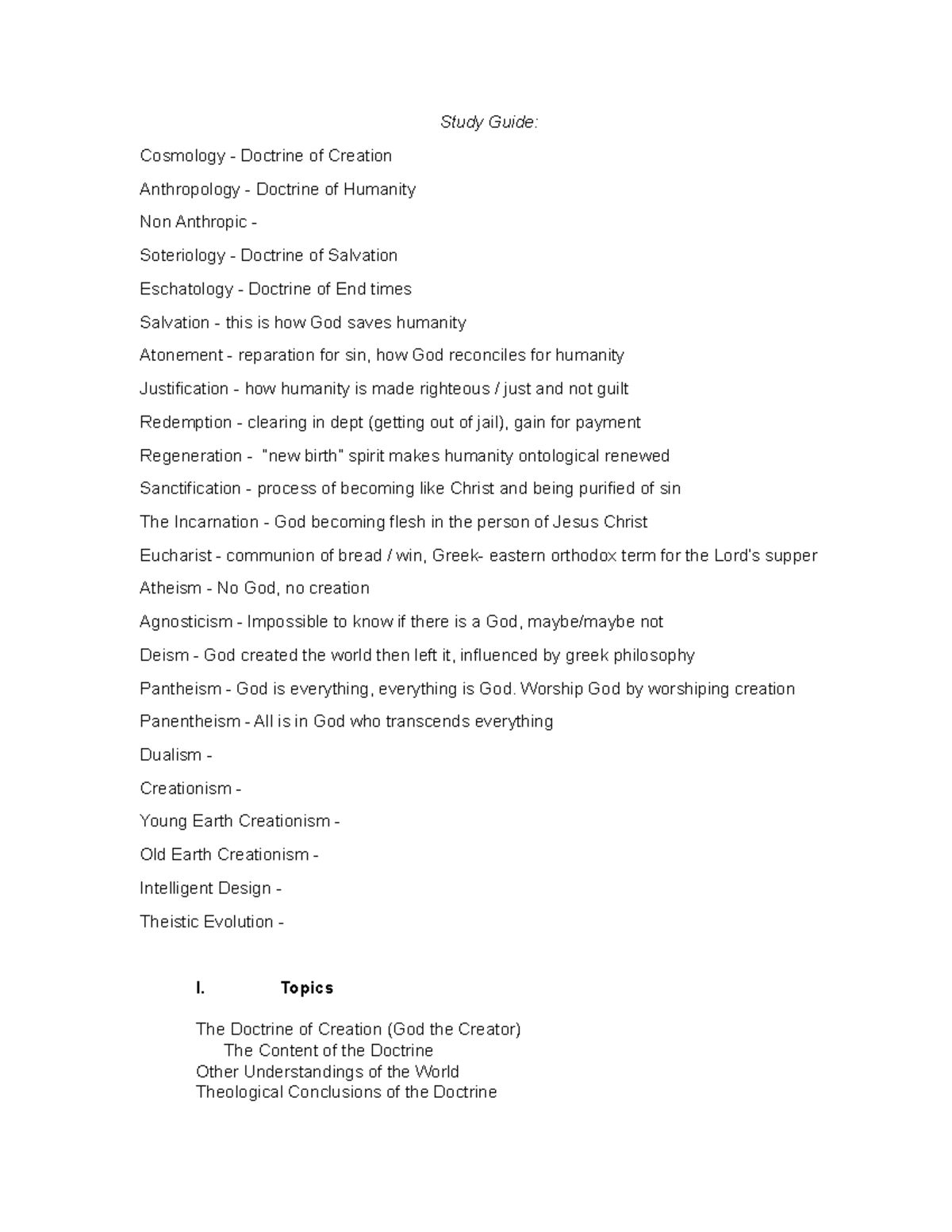 Study Guide Exam 2 - Study Guide: Cosmology - Doctrine of Creation ...