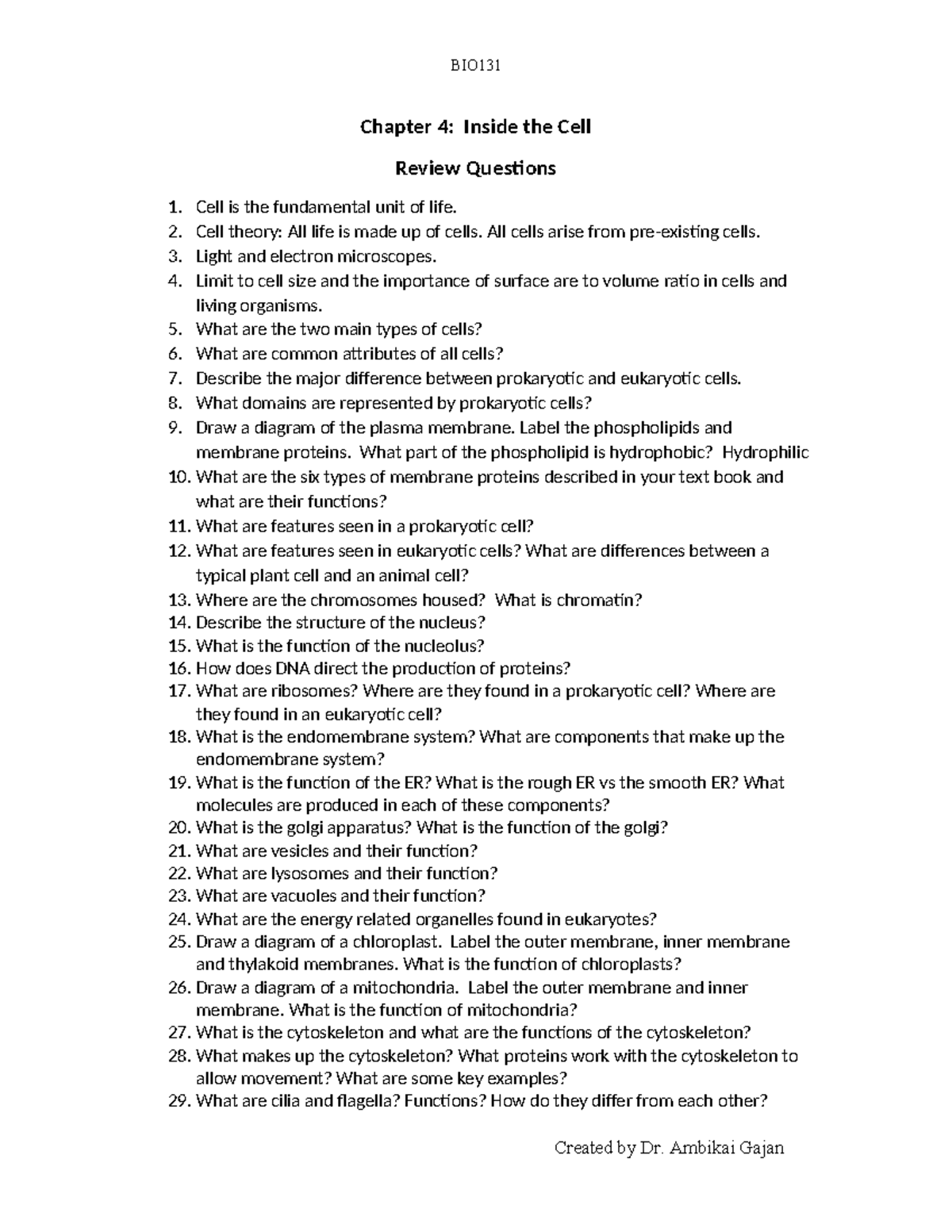 BIO131 Chapter 4 Review: Inside the Cell Concepts & Questions - Studocu