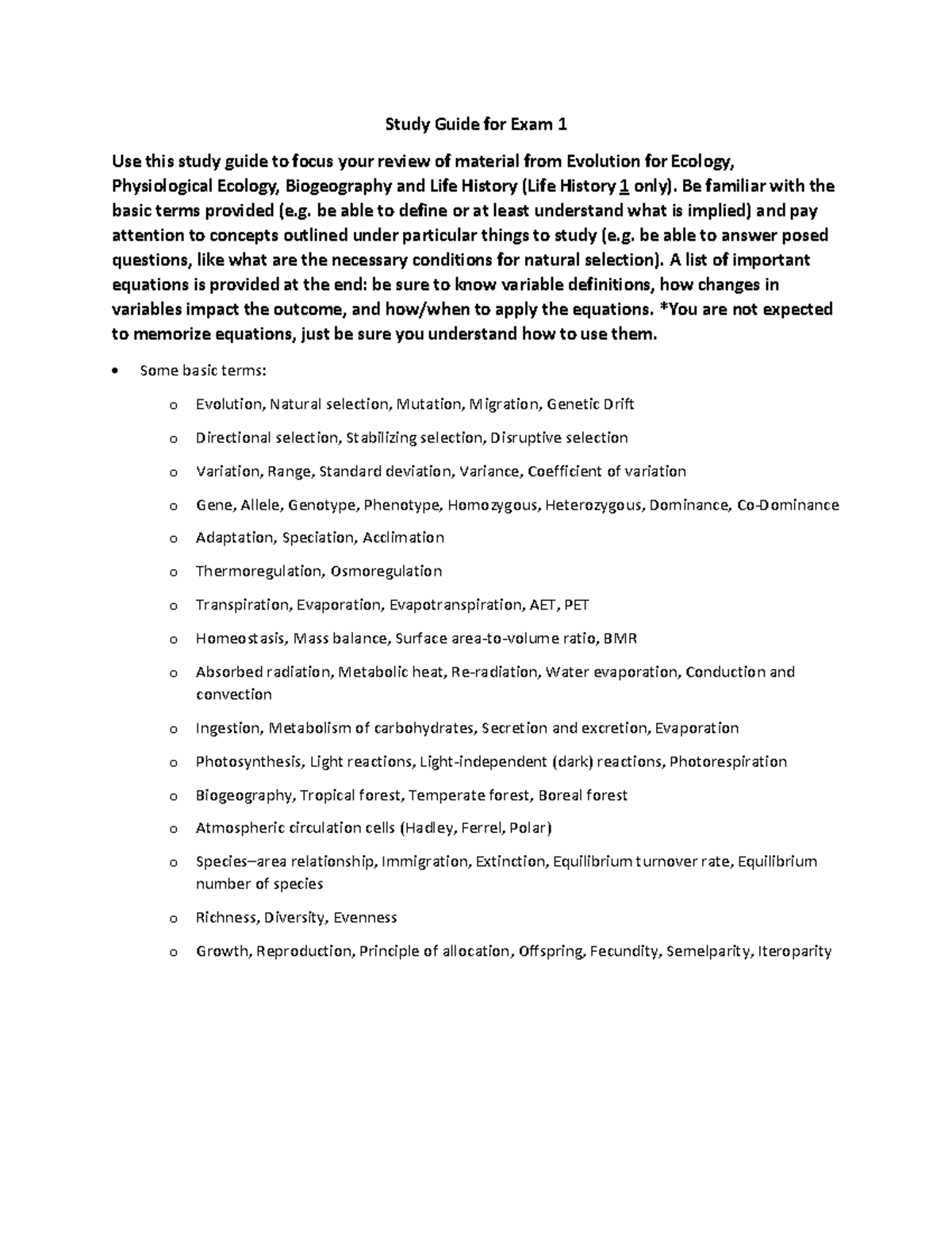 Study Guide for Exam 1: Evolution, Ecology & Biogeography Concepts ...