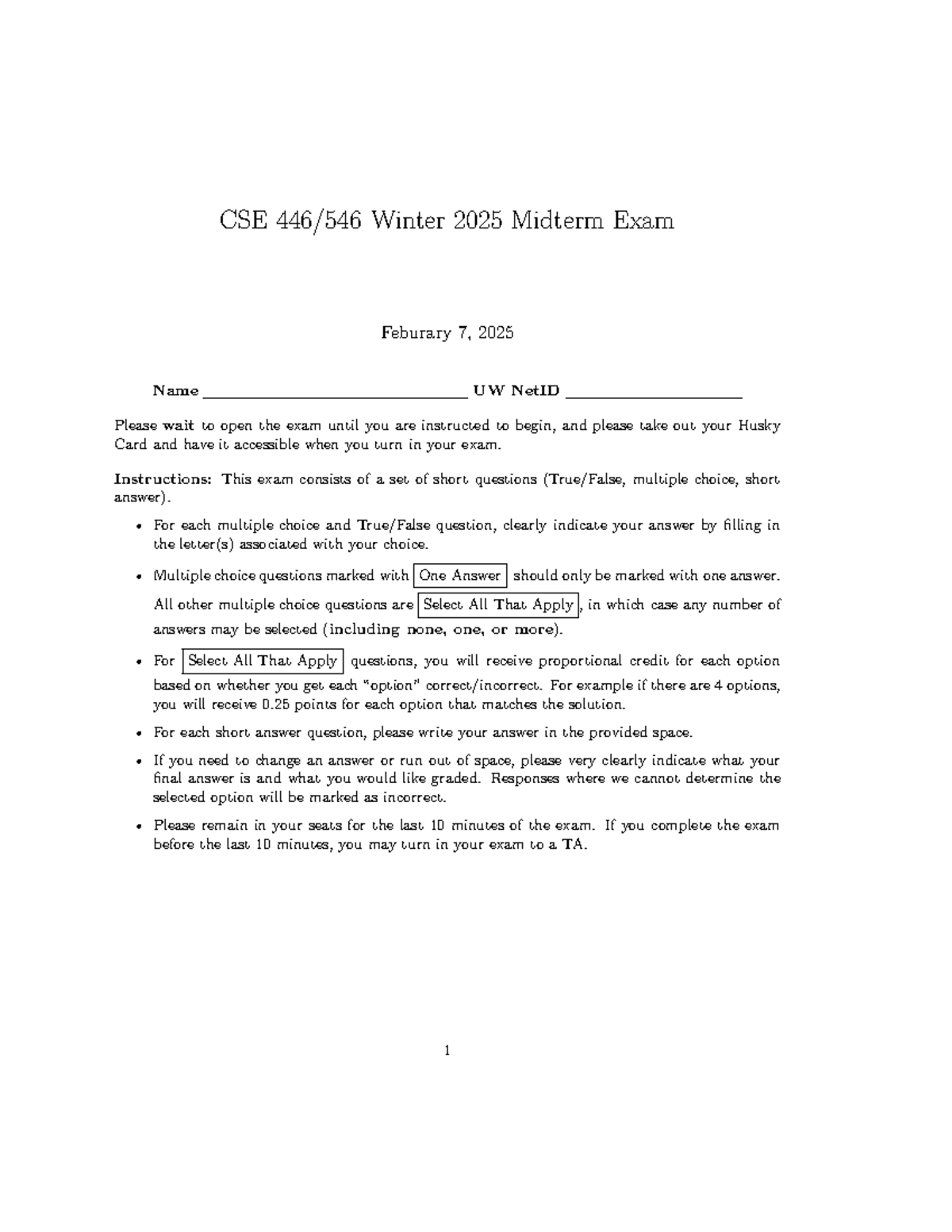 CSE 446/546 Winter 2025 Midterm Exam Solutions & Detailed Analysis ...
