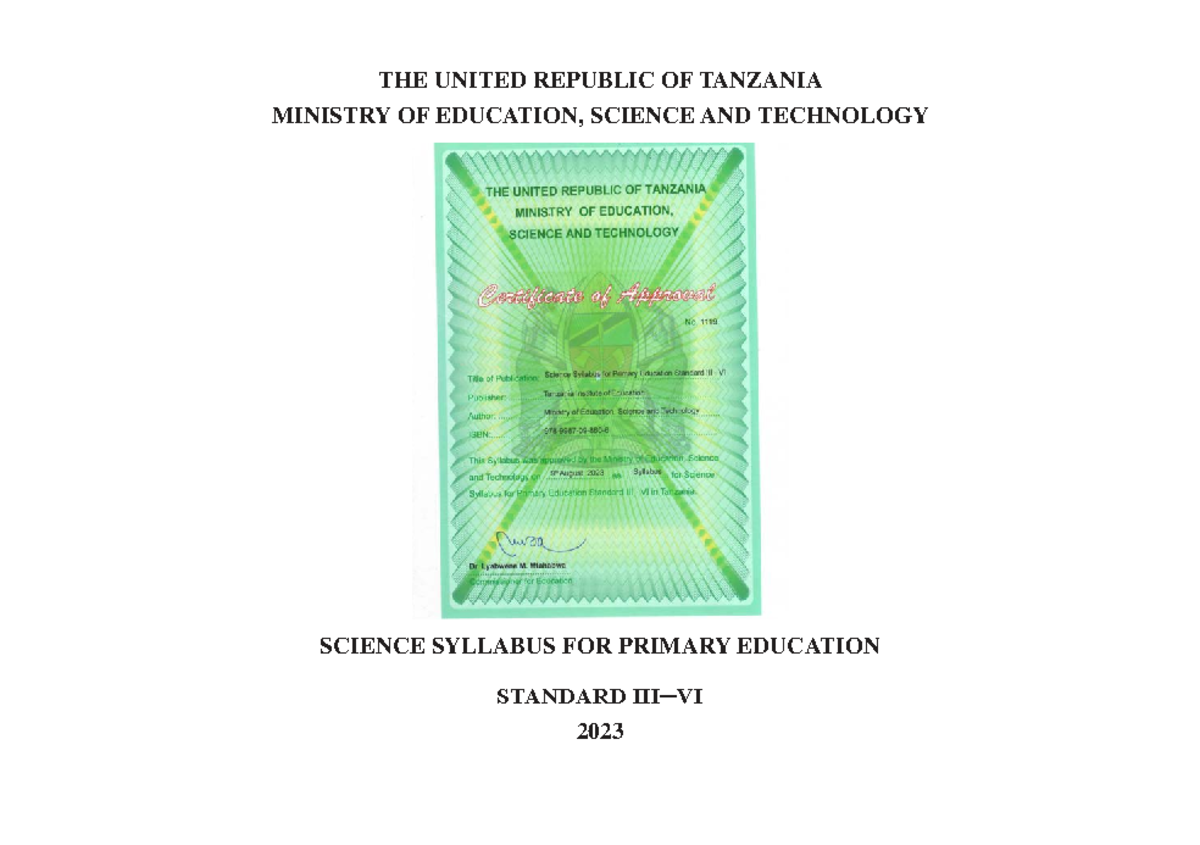 Science Syllabus for Primary Education Standards III-VI (2023) - Studocu