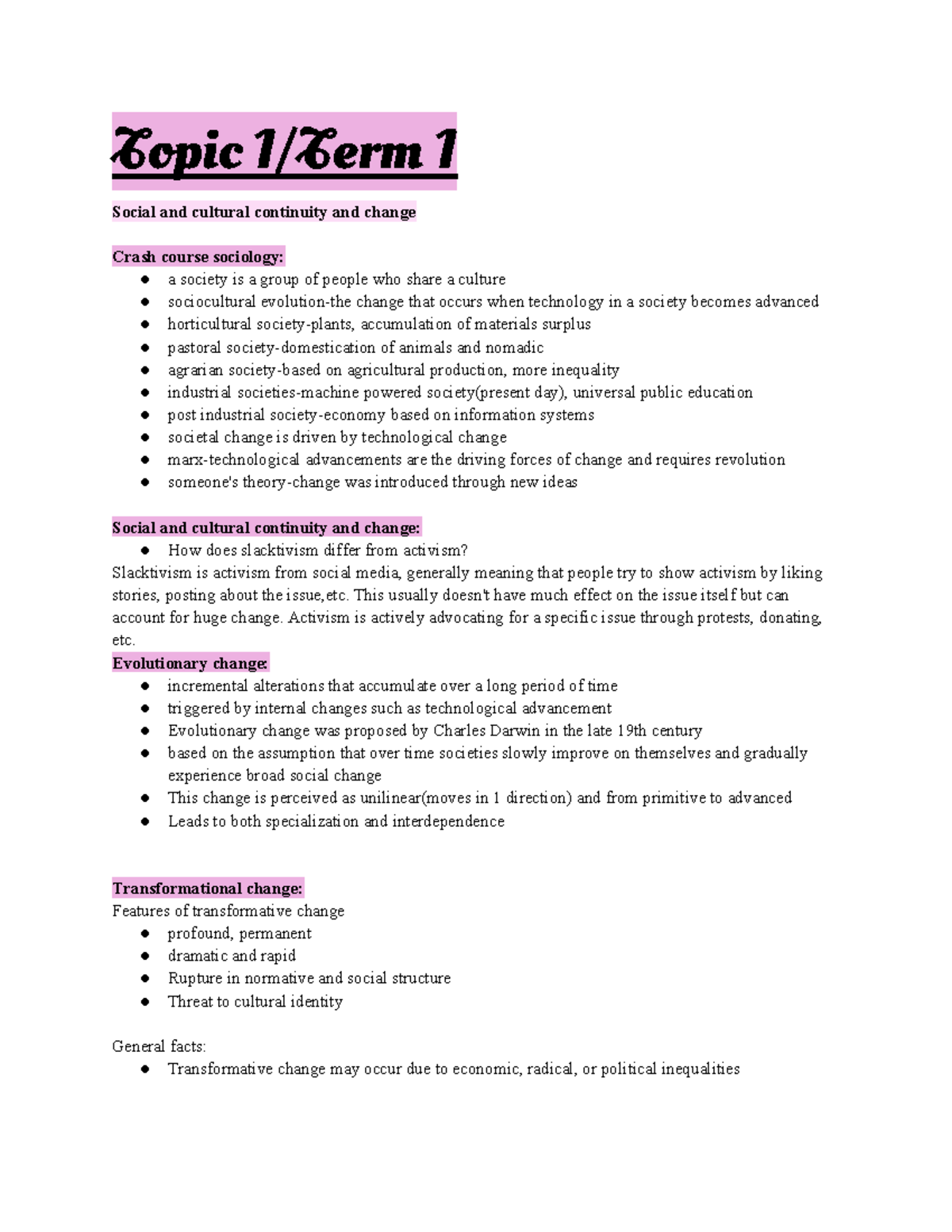 SAC YEAR 12 Sociology Notes: Social & Cultural Change Insights - Studocu