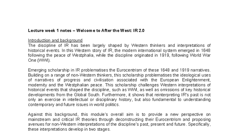 Lecture Notes: Week 1 - Introduction to After the West: IR 2.0 - Studocu