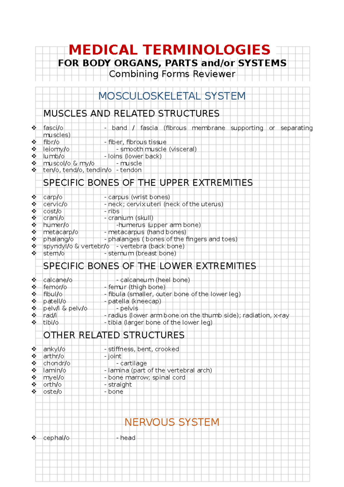 Medical Terminology Notes for Organs & Systems (MED101) - Studocu