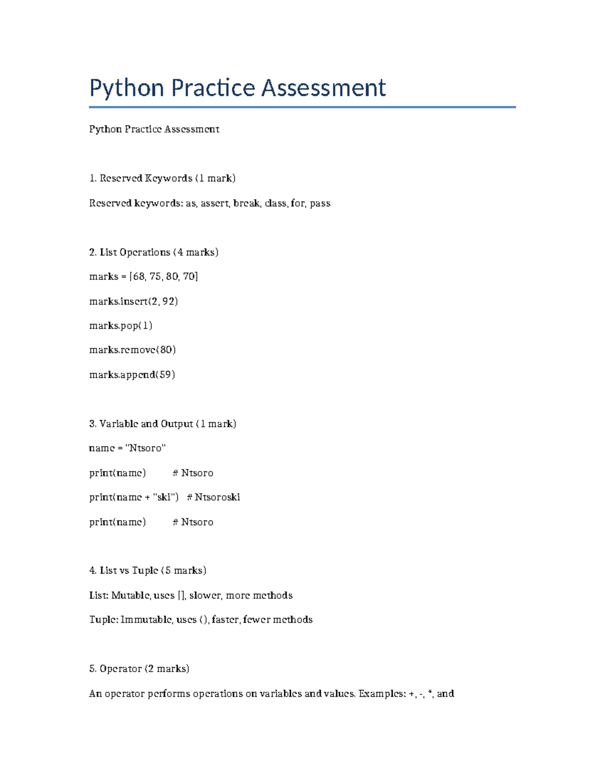 Python Practice Assessment: Key Concepts and Exercises - Studocu