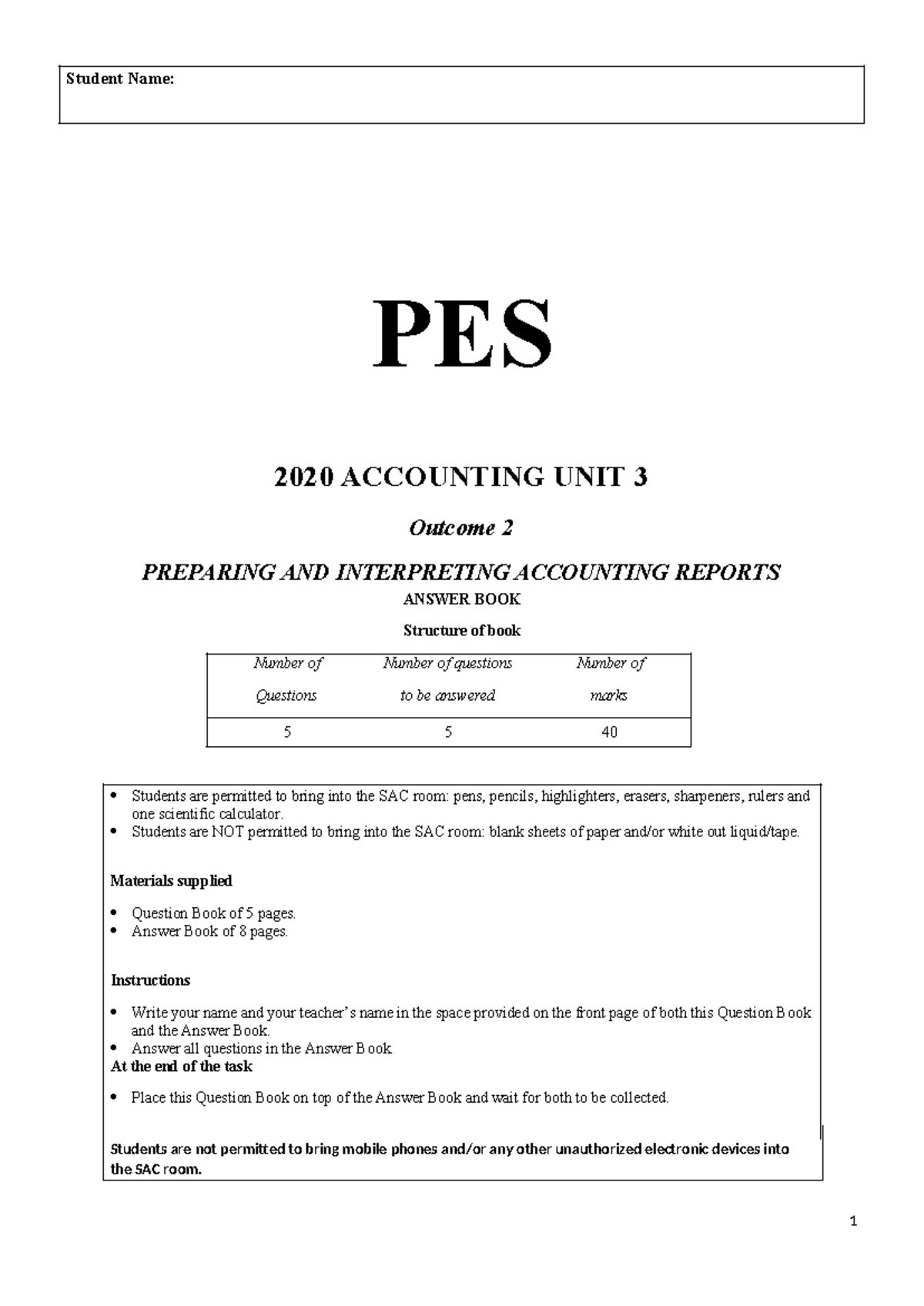2020 pes unit 3 outcome 2 answer book - Student Name: PES 2020 ...