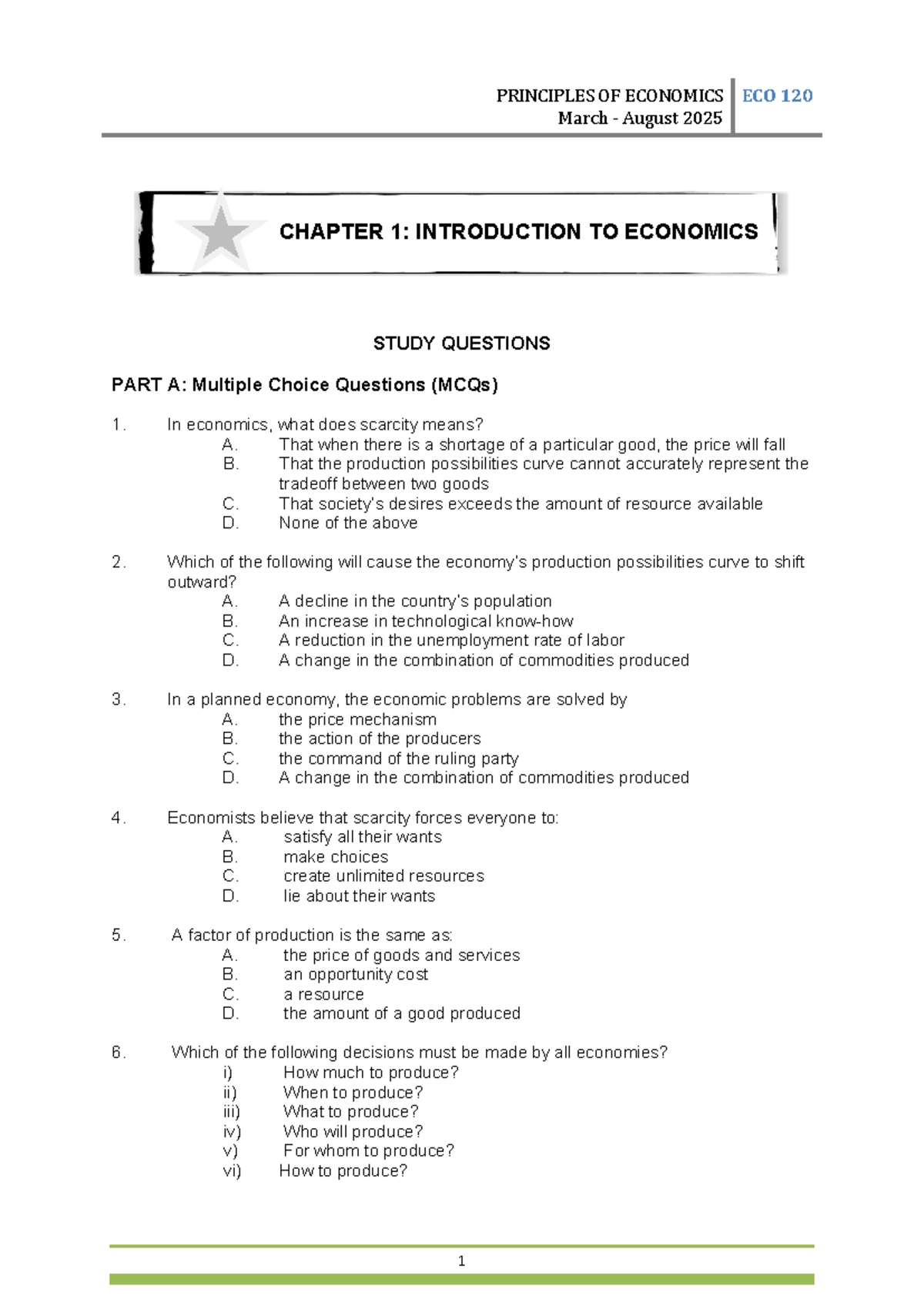 Principles of Economics ECO 120 Final Exam Study Questions and MCQs ...