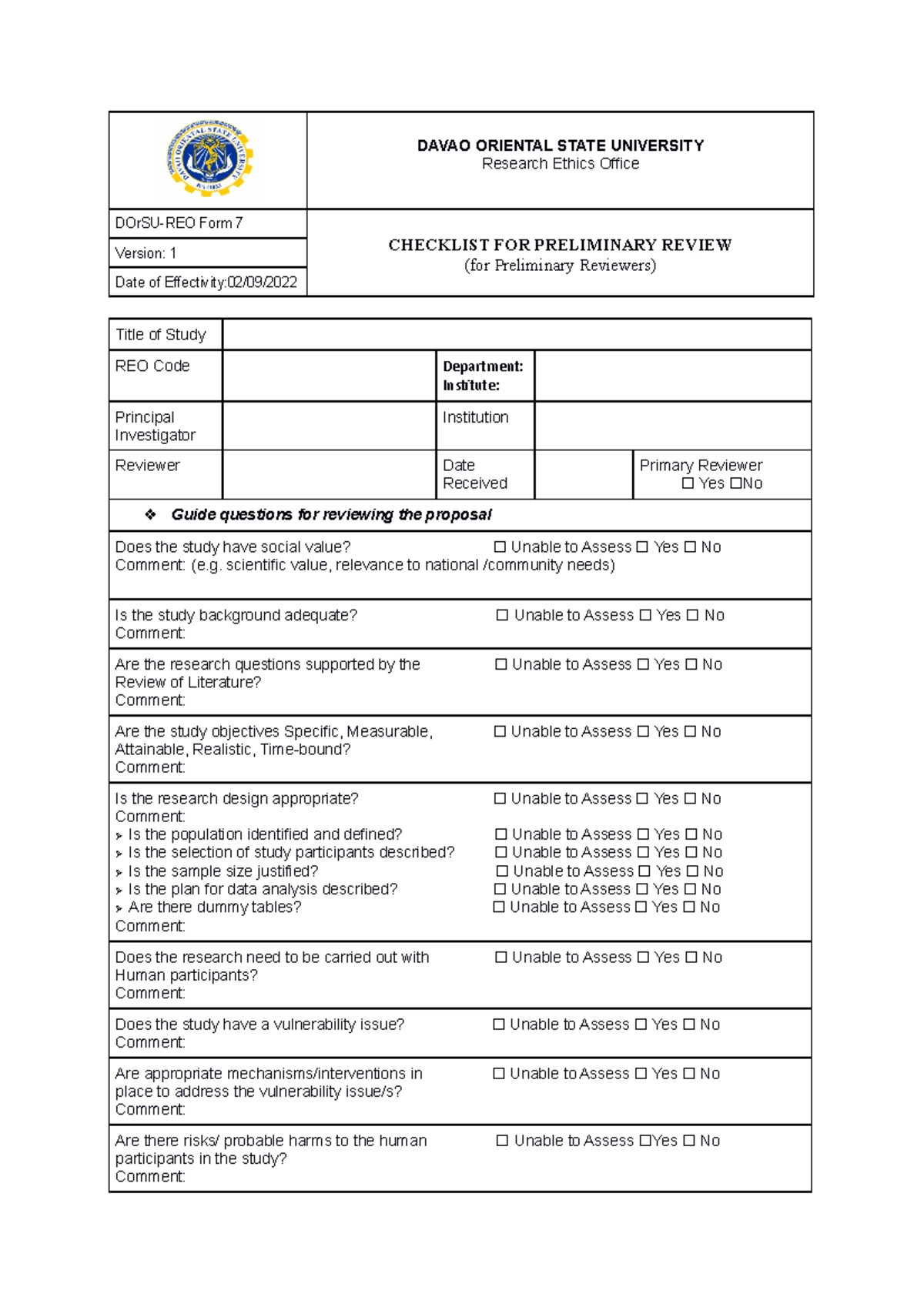 Form 7 Checklist FOR Preliminary Review - DAVAO ORIENTAL STATE ...