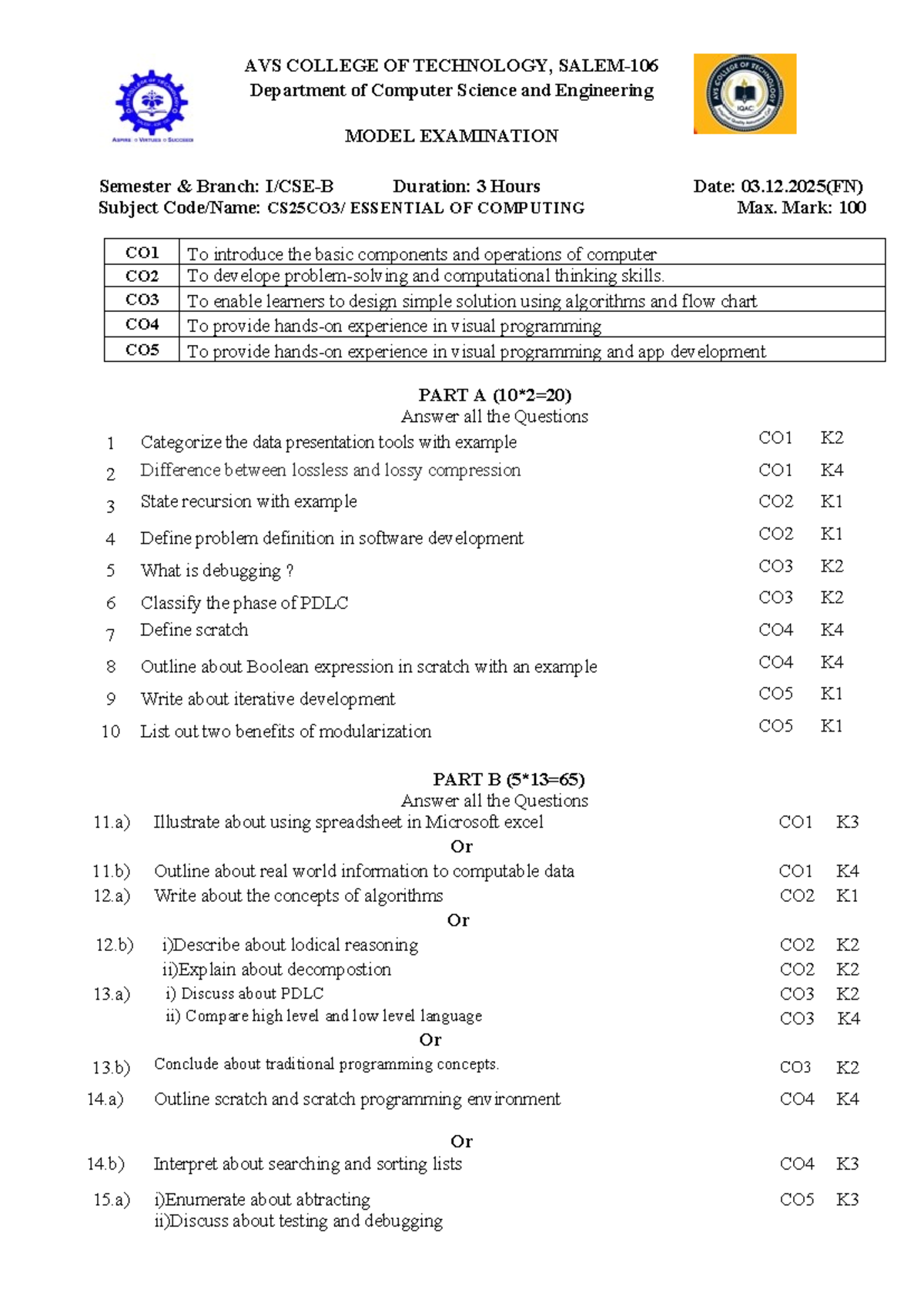 EOC Model Exam QP - AVS College of Tech, CSE, Sem 2025 - Studocu