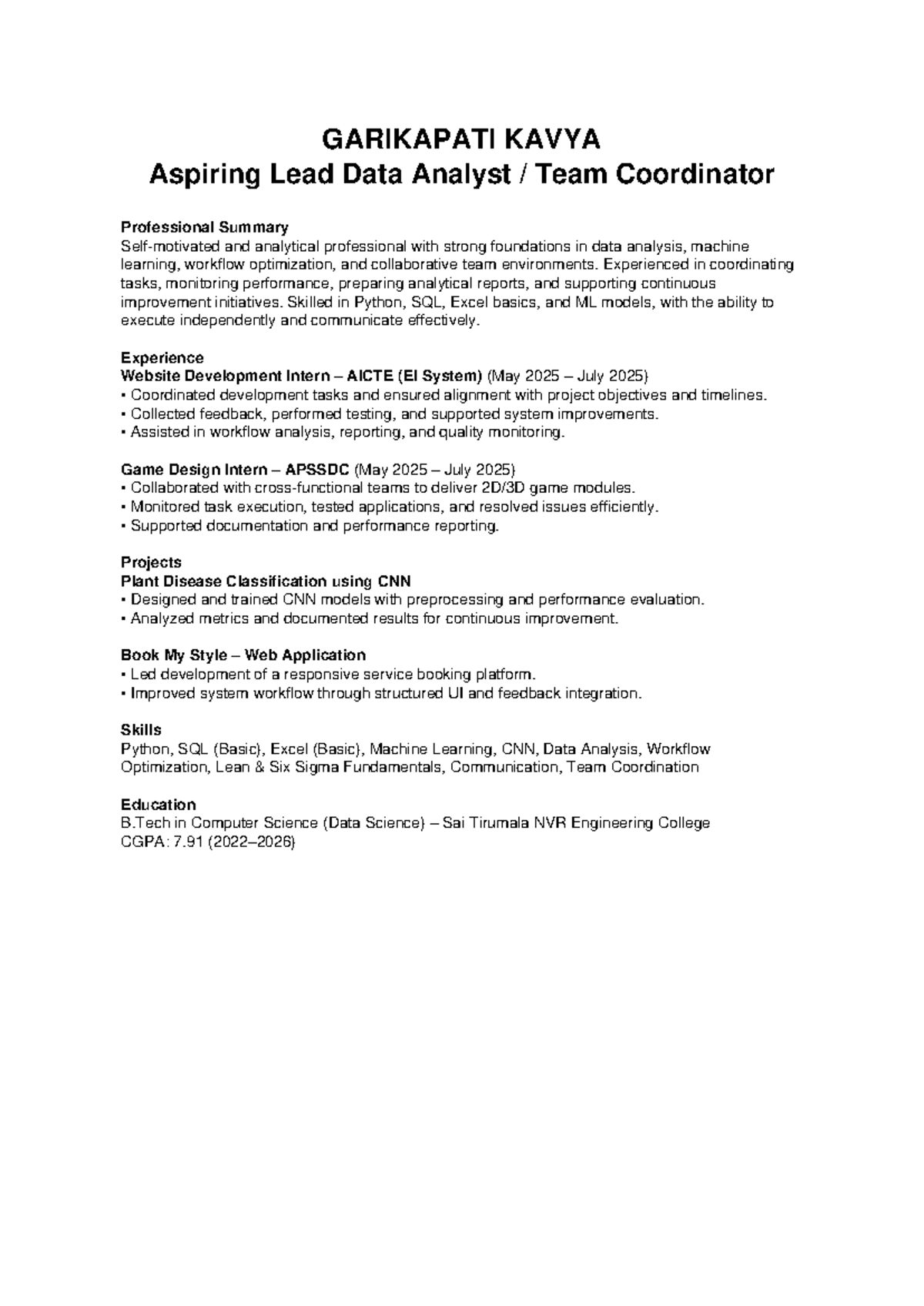 KAVYA GARIKAPATI Updated Resume for Data Analyst Position - Studocu