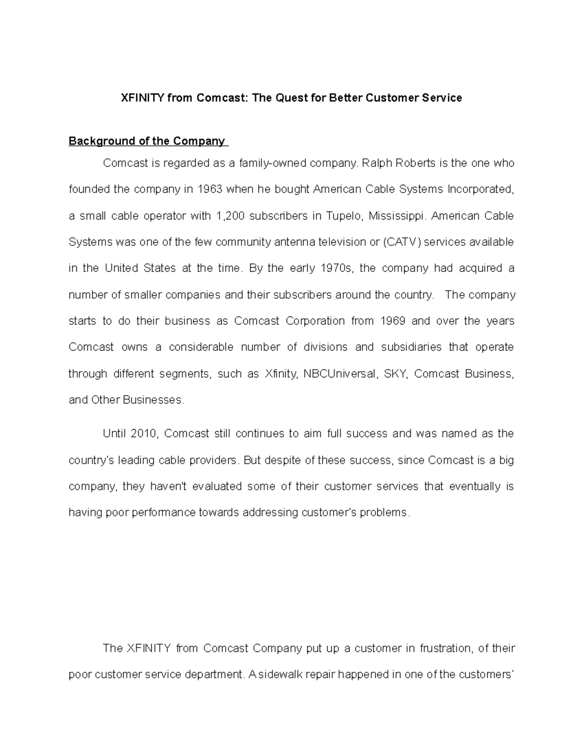 Sample Case Study - Improving XFINITY's Customer Service Issues - Studocu