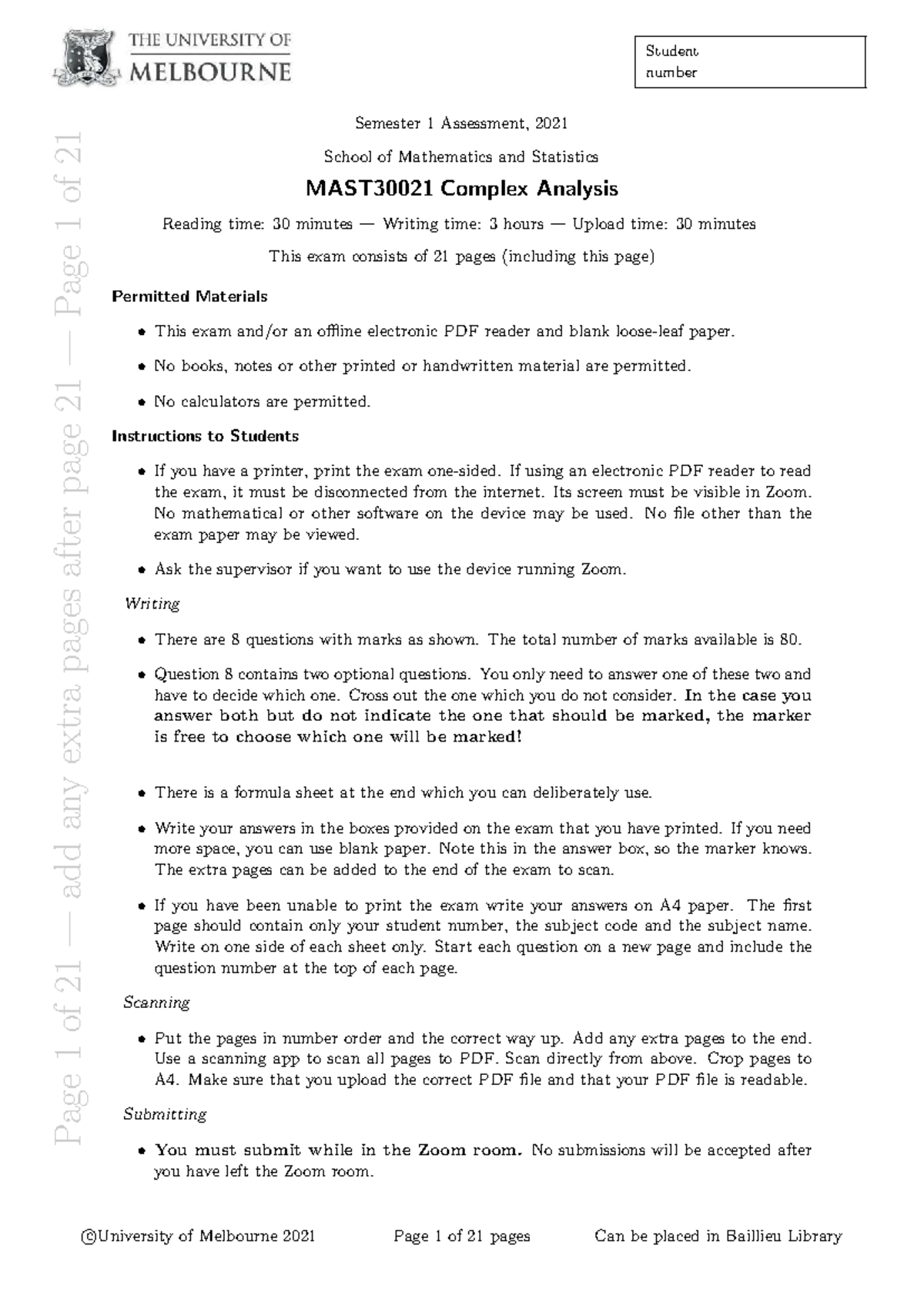 2021 S1 MAST30021 Complex Analysis Exam Instructions and Questions ...