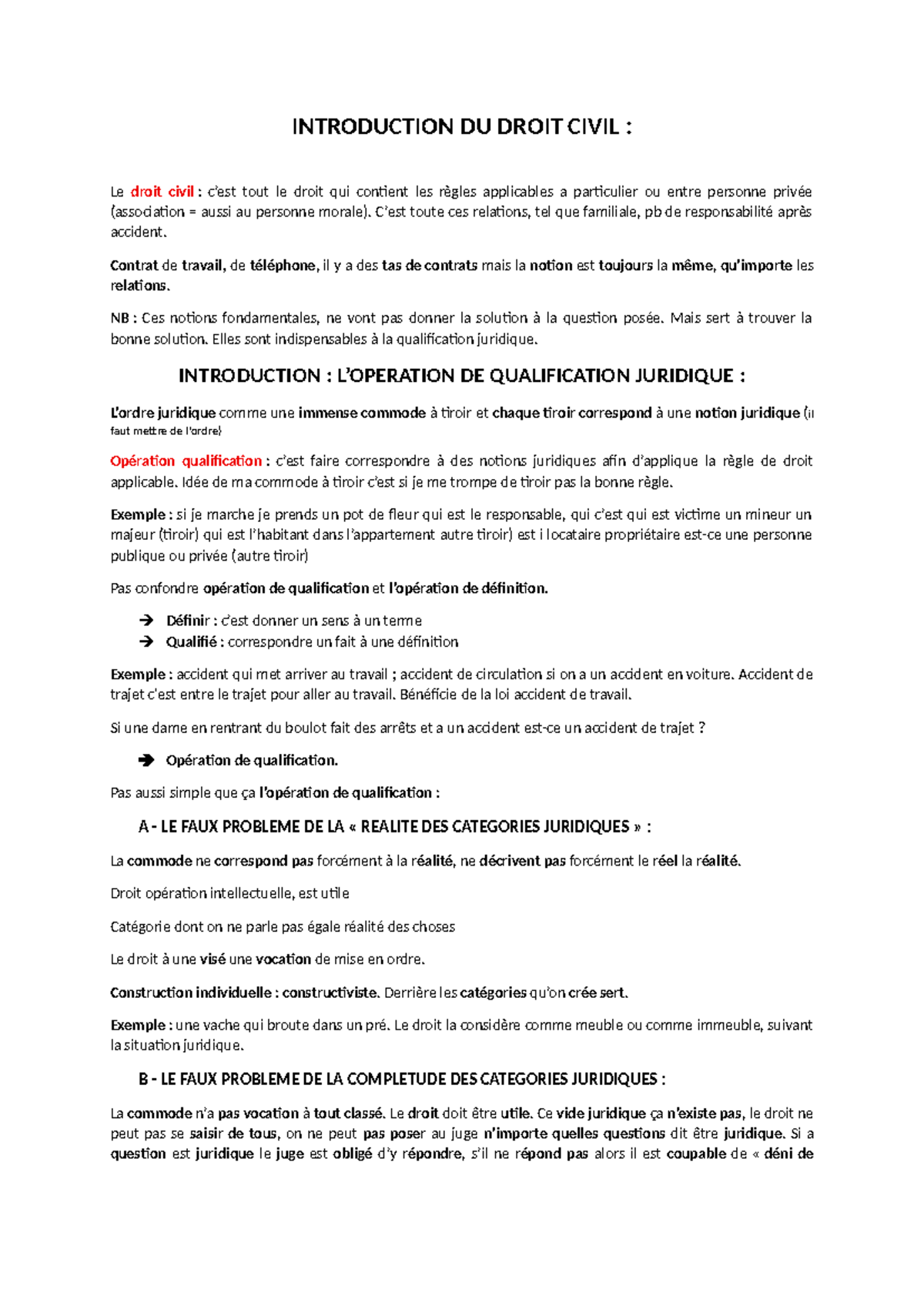 Introduction au Droit Civil : Notions Fondamentales et Qualification ...