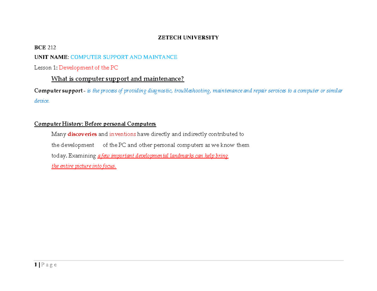 BCE 212 Lesson 1: Computer Support & Maintenance Overview - Studocu