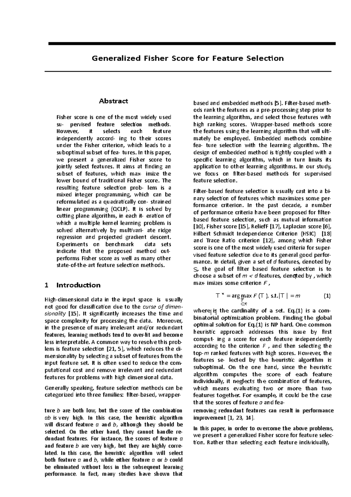 Generalized Fisher Score for Feature Selection - Generalized Fisher ...