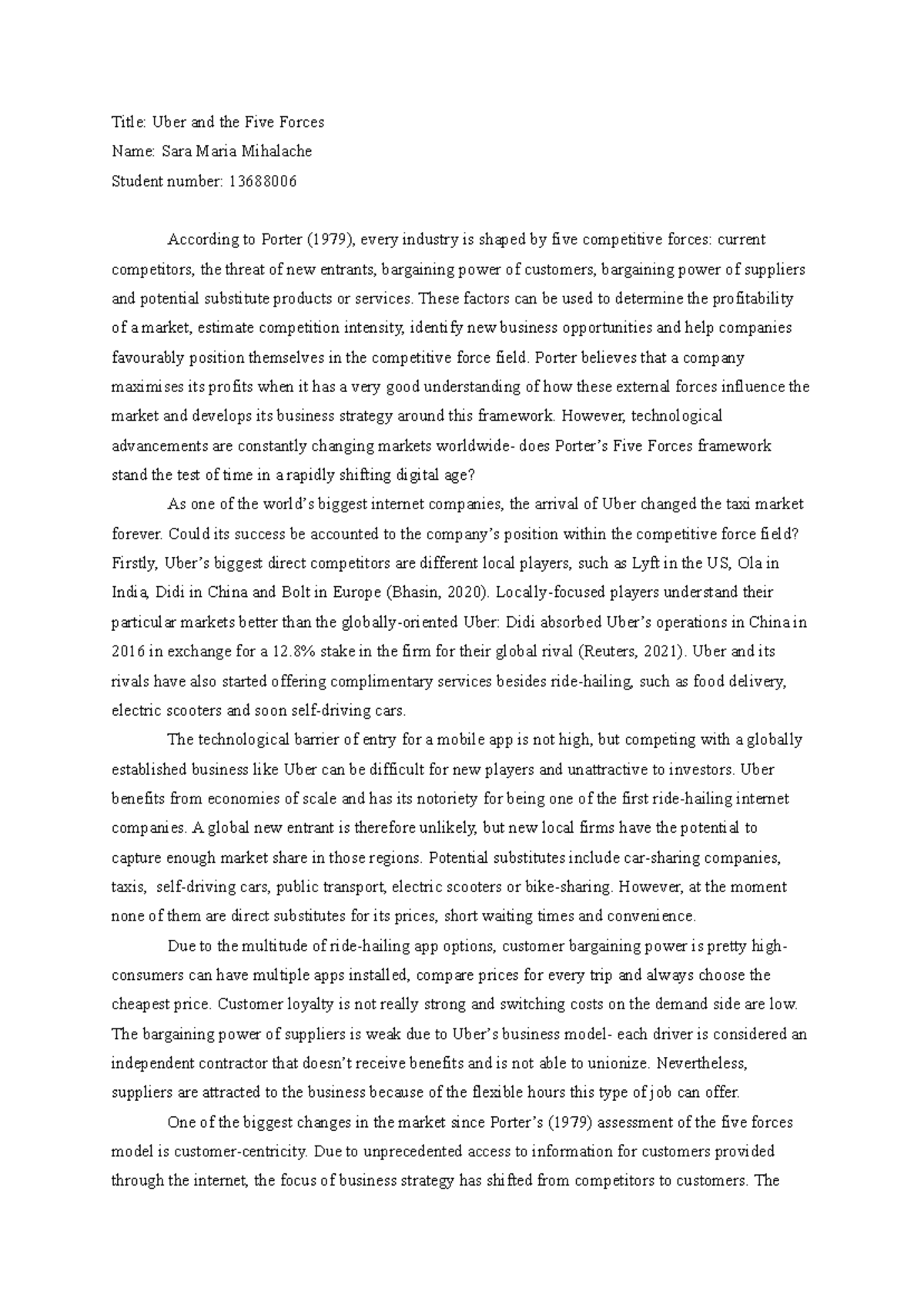 Uber and the Five Forces - Principles of Economics and Business 1 - UvA ...