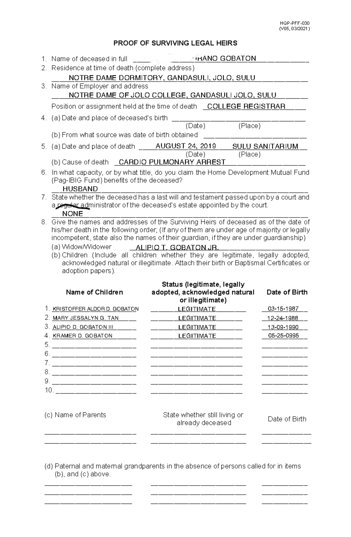 (V05) Proof of Surviving Legal Heirs for Teodora Durano Gobaton - Studocu