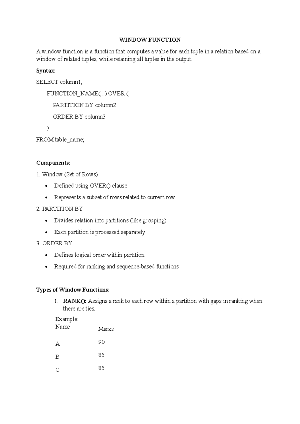Window Functions Overview - Notes for SQL Course - Studocu