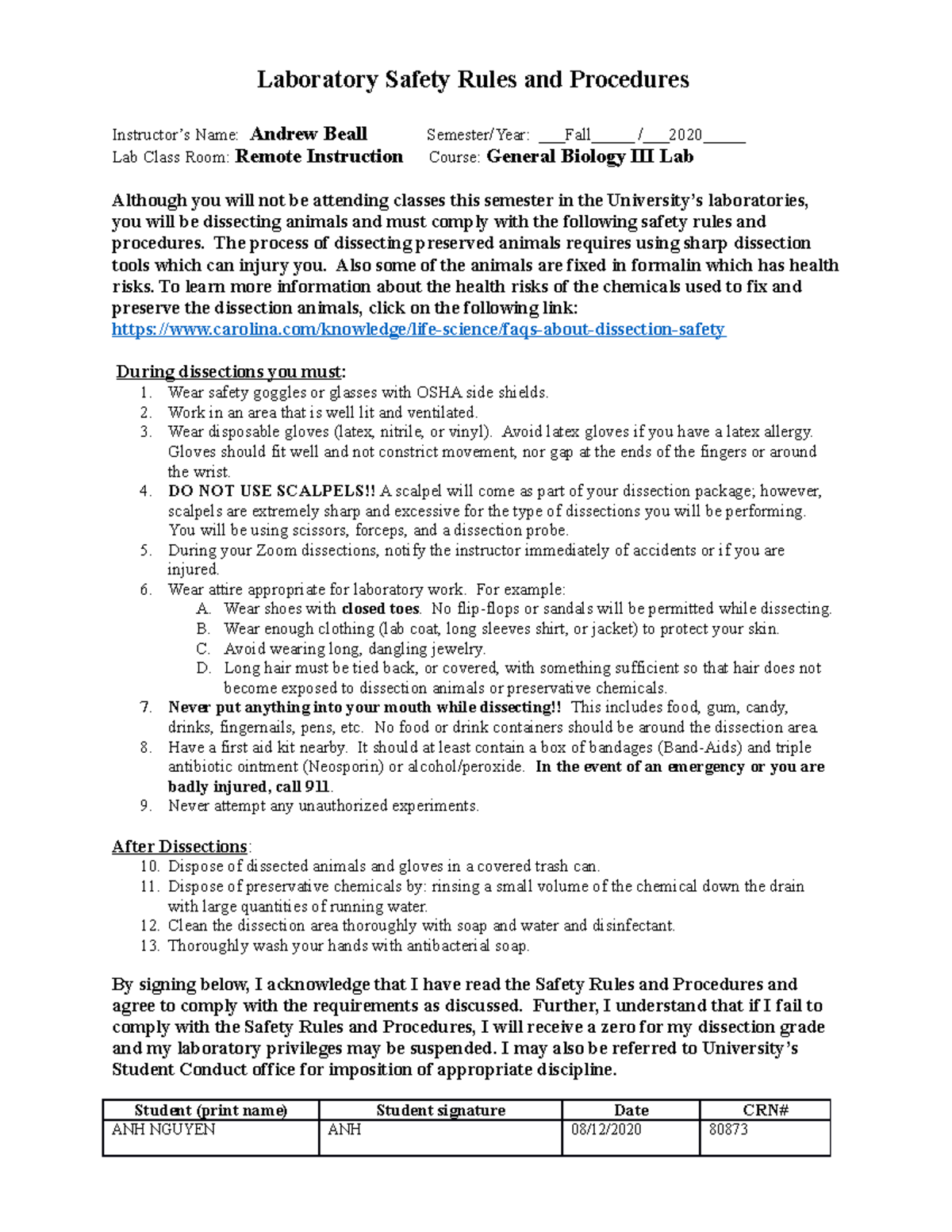 Lab Safety and Dissection Waiver 2020 - Laboratory Safety Rules and ...