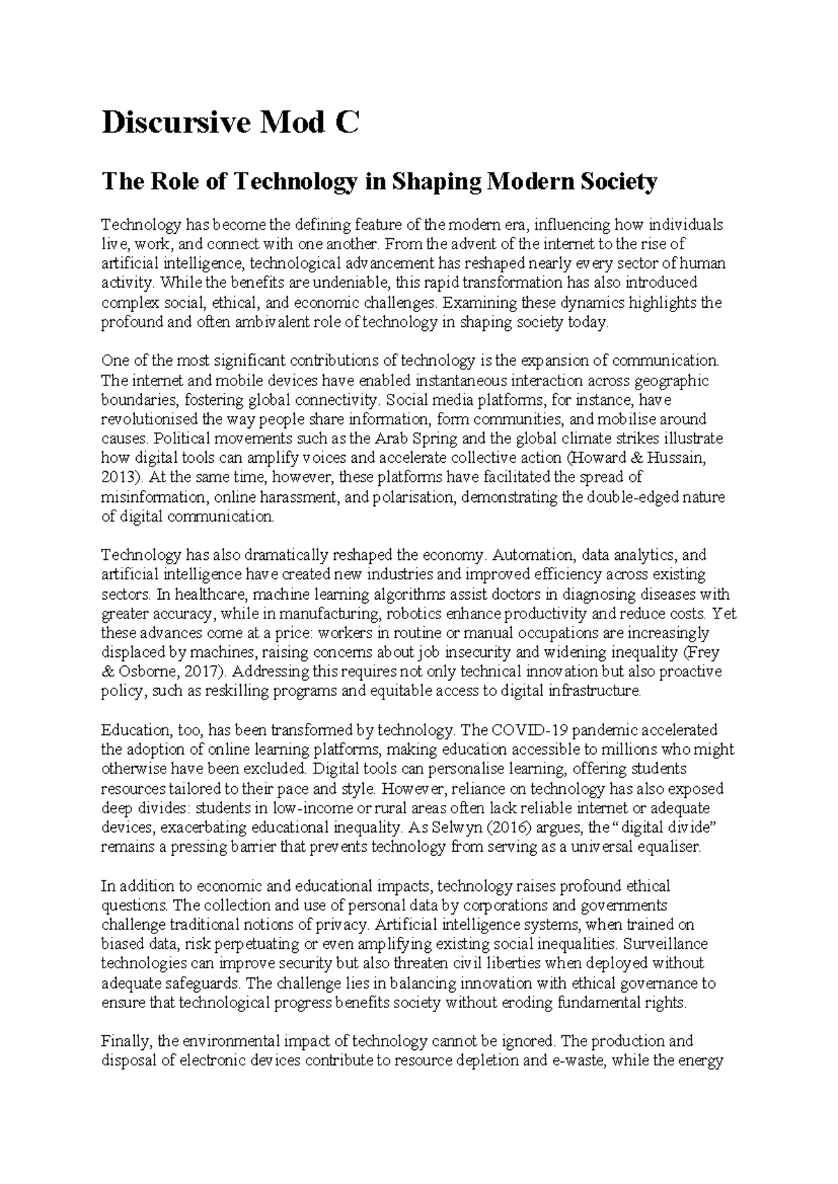 Mod C Essay: The Impact of Technology on Modern Society - Studocu