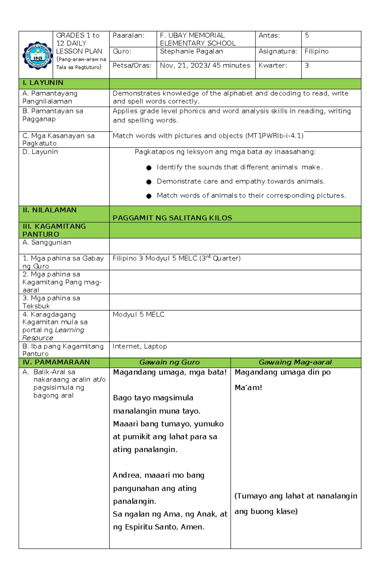 DLL MAPEH 5 Q4 Week 1 - Daily Lesson Log for Teacher Practice - Studocu