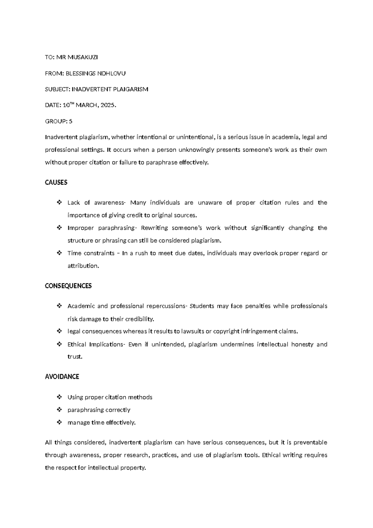 Group 5 - Summary of Inadvertent Plagiarism Issues and Avoidance - Studocu