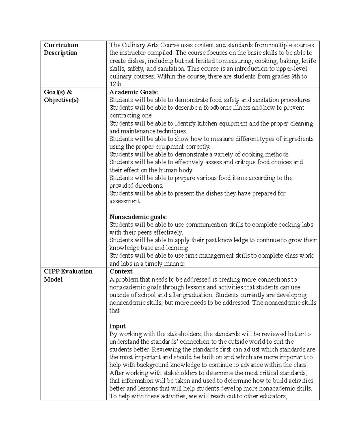 D630 Task 2 - Culinary Arts Curriculum Design & Evaluation - Studocu