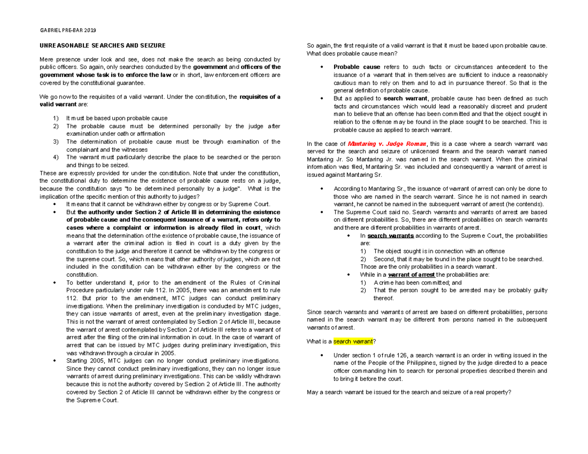 Unreasonable Searches AND Seizure - UNREASONABLE SEARCHES AND SEIZURE ...