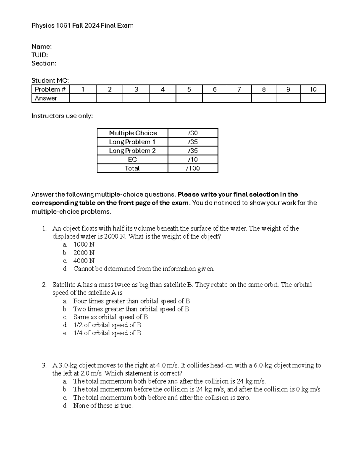 Physics 1061 Fall 2024 Final Exam Study Guide and Problem Solutions ...