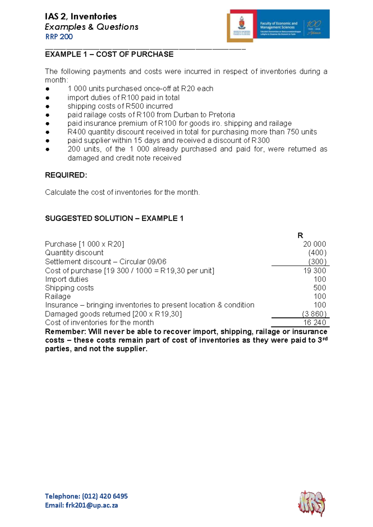IAS 2: Inventory Examples and Questions for RRP 200 - Studocu