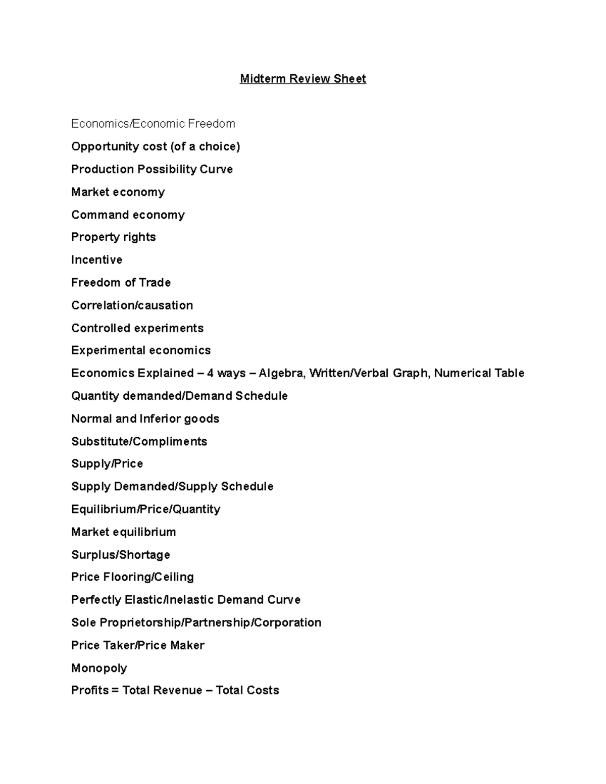 Midterm Review Sheet for Economics: Key Concepts and Terms - Midterm ...