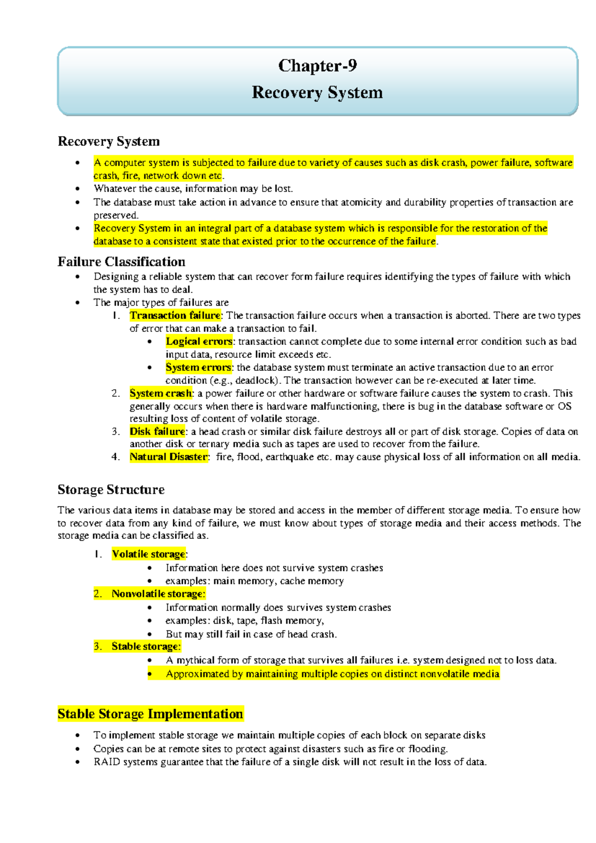 Chapter 9 - Recovery System in Database Management - Studocu