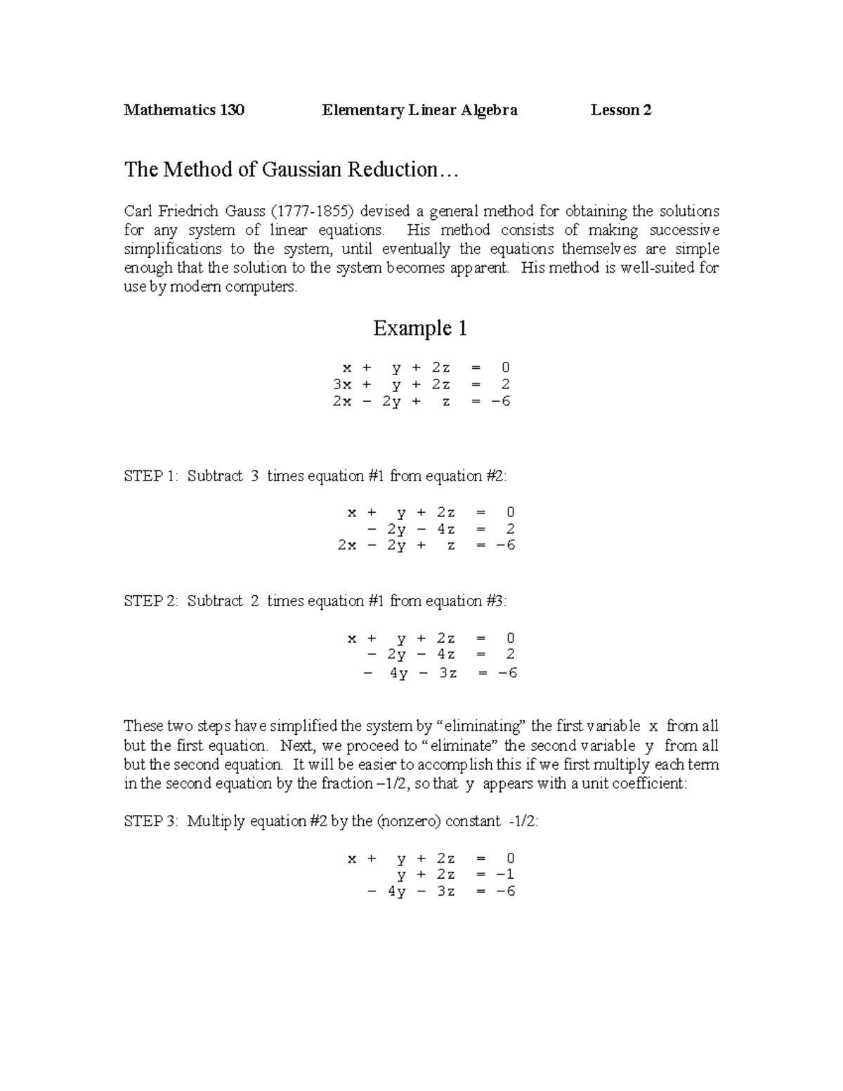 Mathematics 130 Final Exam Notes: Gaussian Elimination Method - Studocu