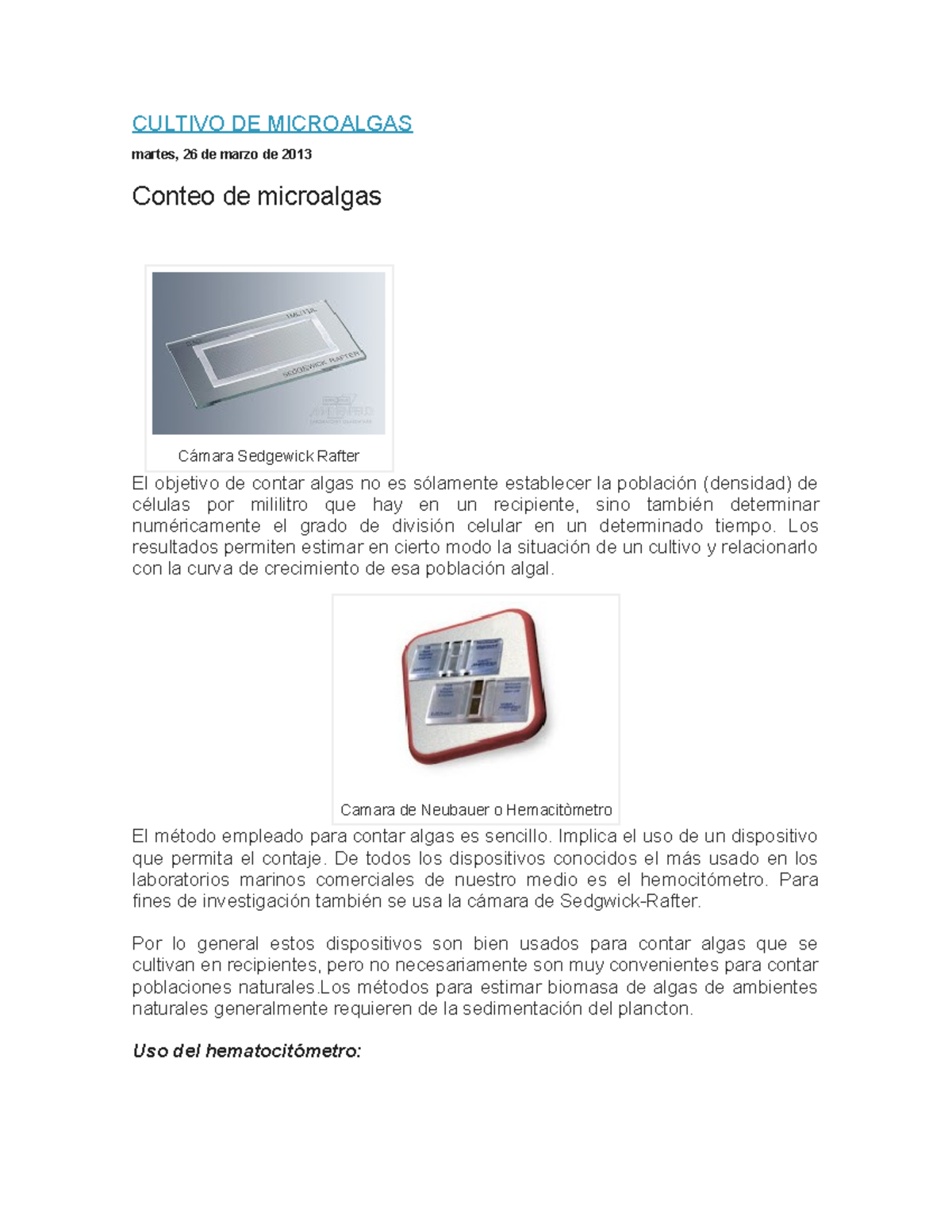 Conteo de microalgas con cámara Sedgewick Rafter y hemocitómetro - Studocu