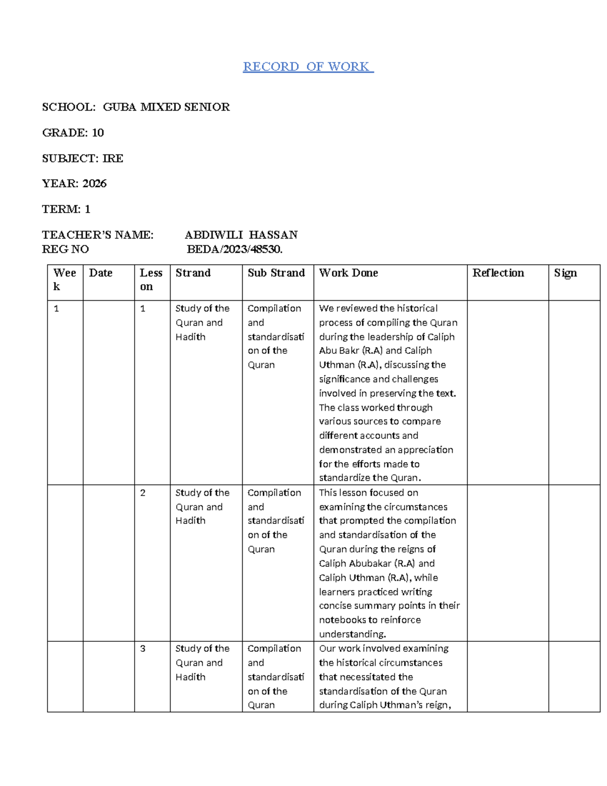Grade 10 IRE Records of Work: Term 1 Overview and Activities - Studocu