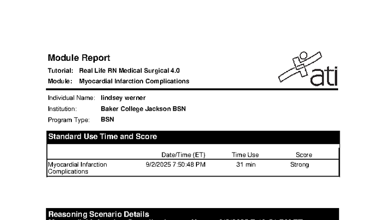 ATI RN Module Report: Myocardial Infarction Complications - Studocu