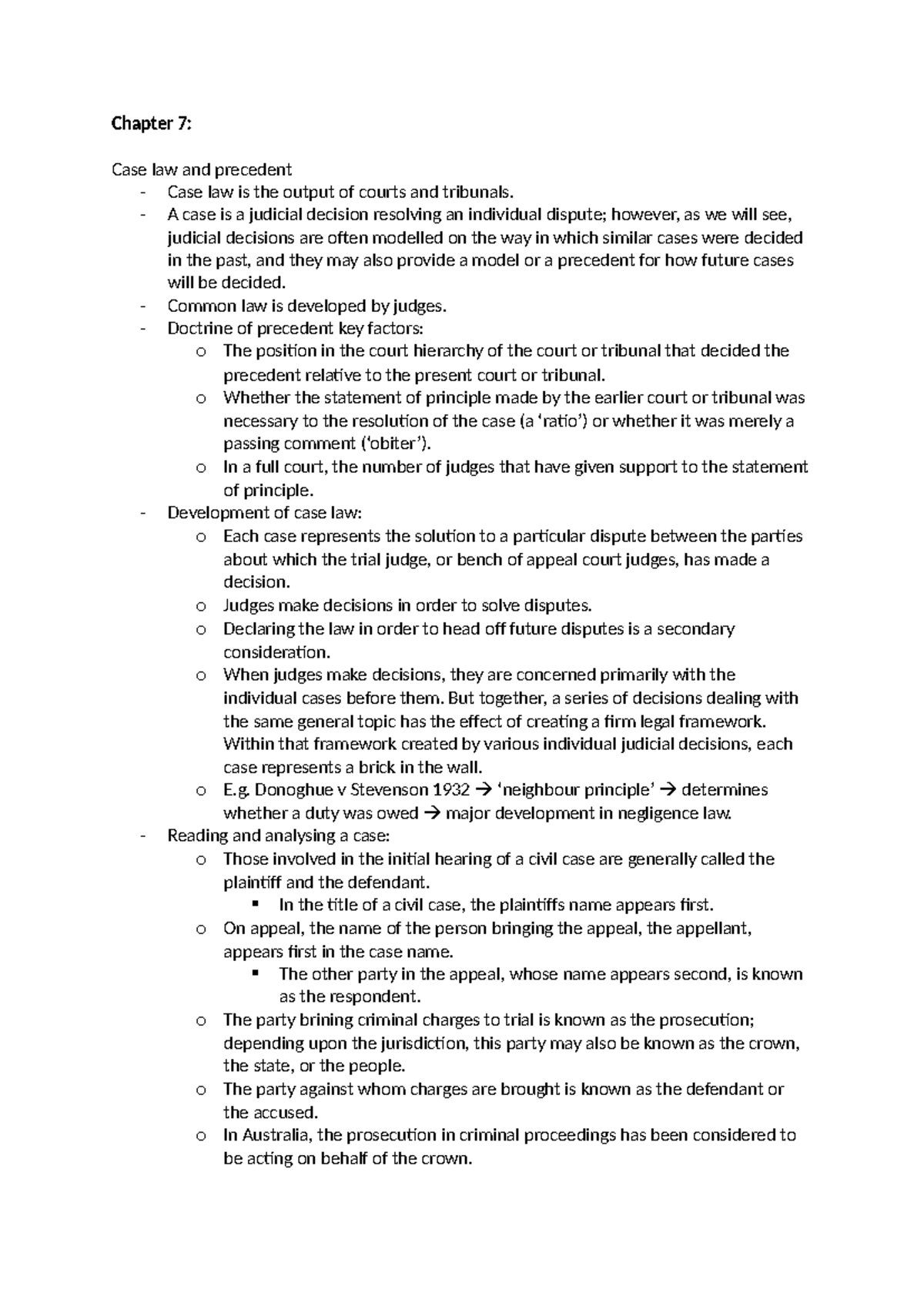 Chapter 7- 14 readings - Textbook notes. - Chapter 7: Case law and ...