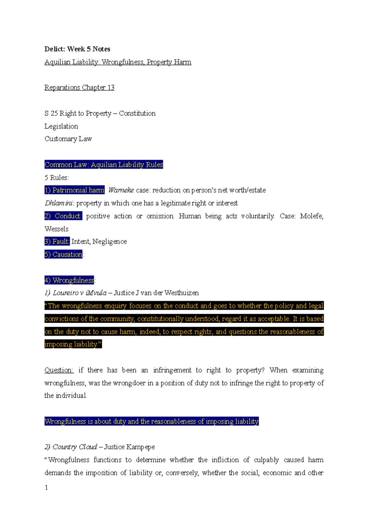 Week 5-6 Notes for Delict - Delict: Week 5 Notes Aquilian Liability ...