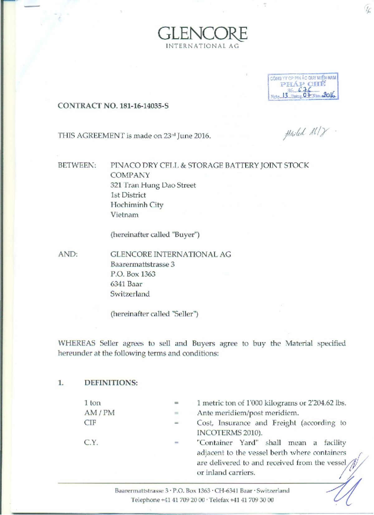 Pinaco- Glencore- Contract - / '~ ####### GLENCO~ INTERNATIONAL AG ...