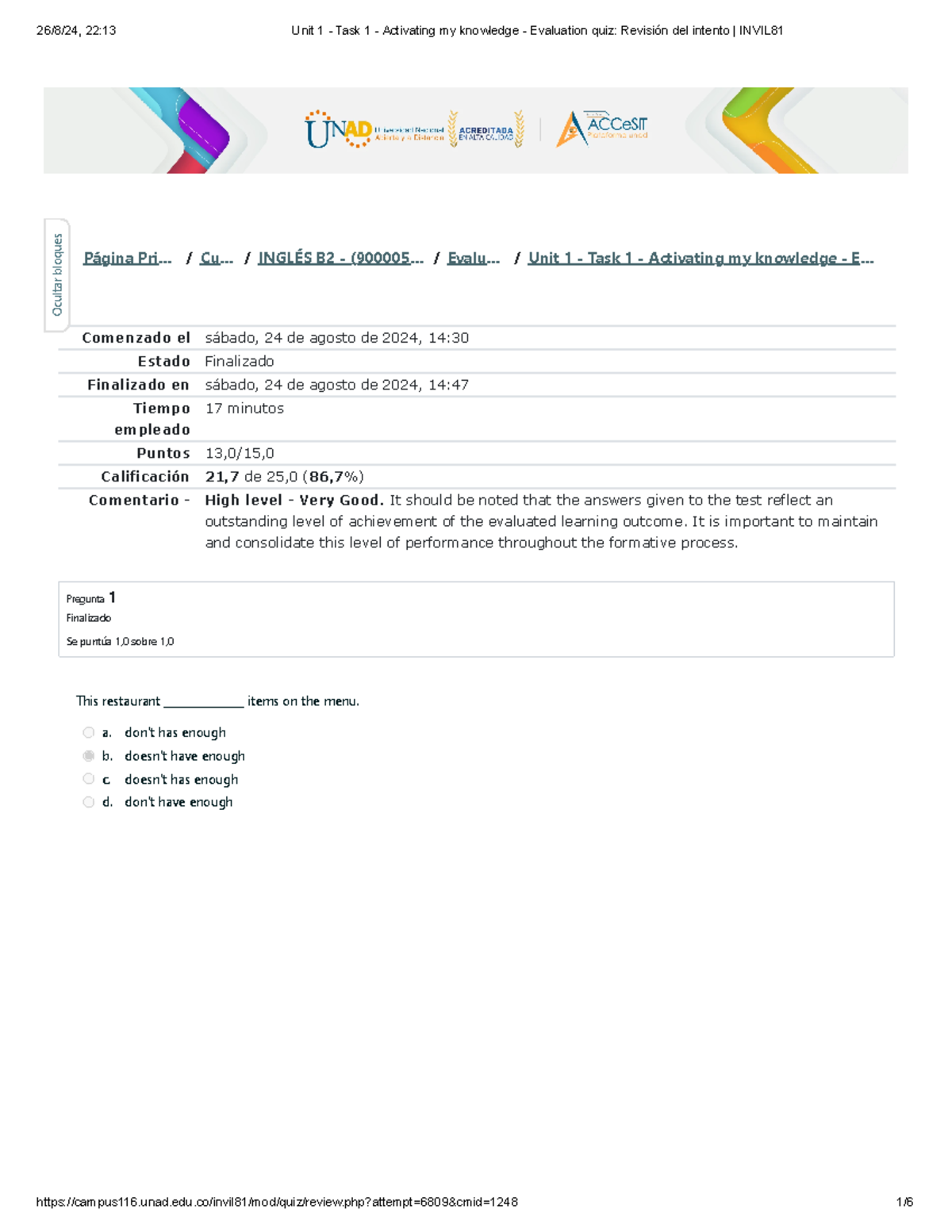 Unit 1 - Task 1 - Activating my knowledge - Evaluation quiz Revisión ...