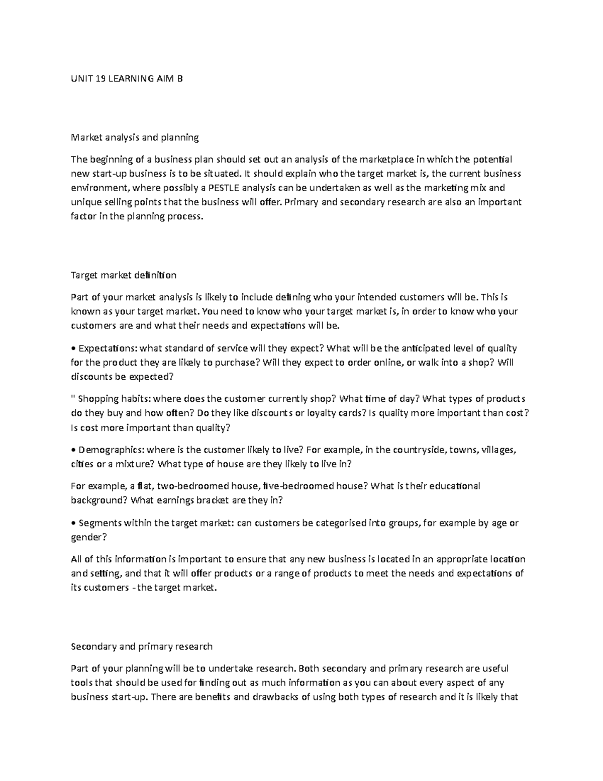 Market Analysis and Planning in BTEC Nat Bus Unit 19: Learning Aim B ...