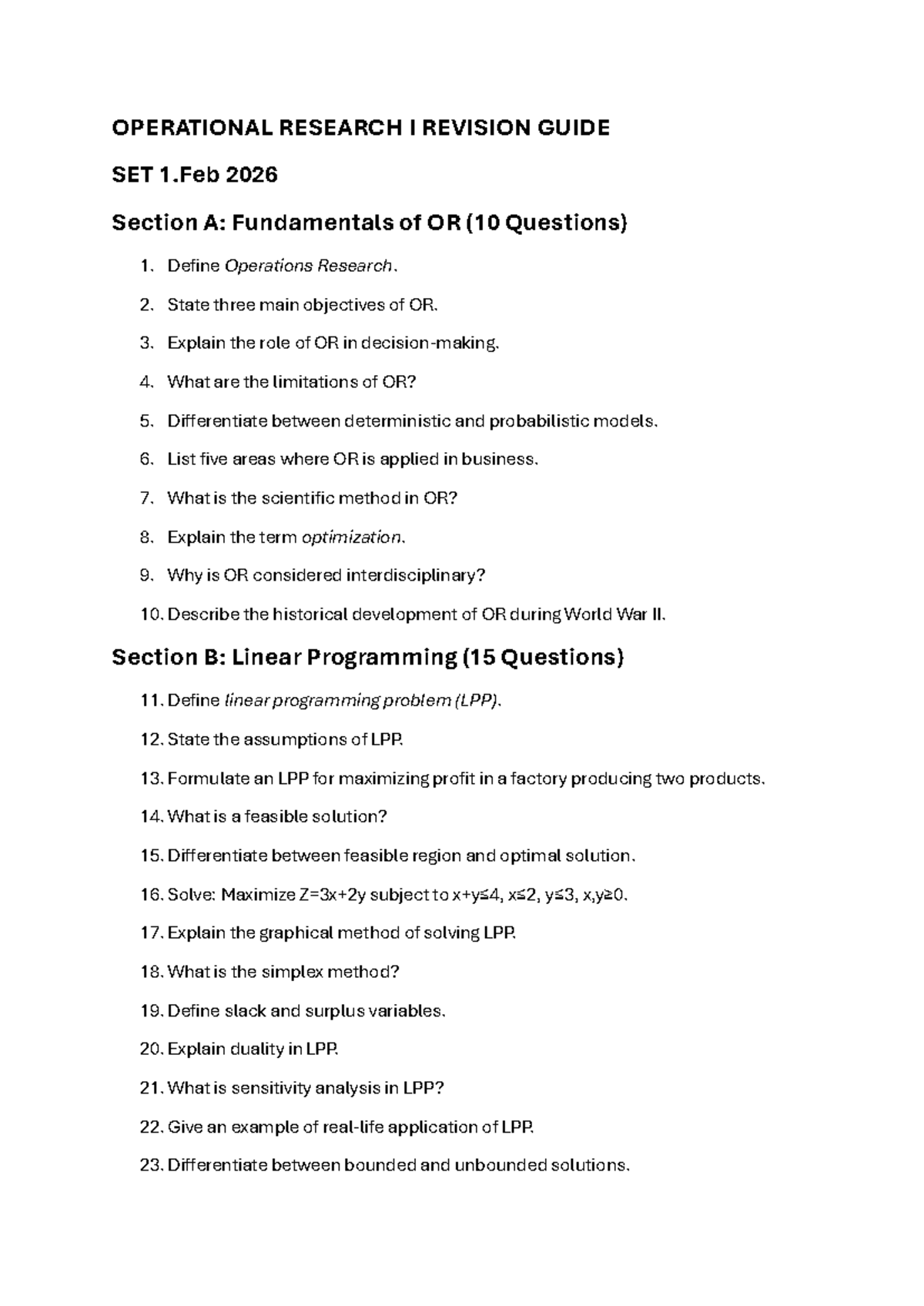 Operational Research I Revision Guide Set 1: Key Concepts & Questions ...