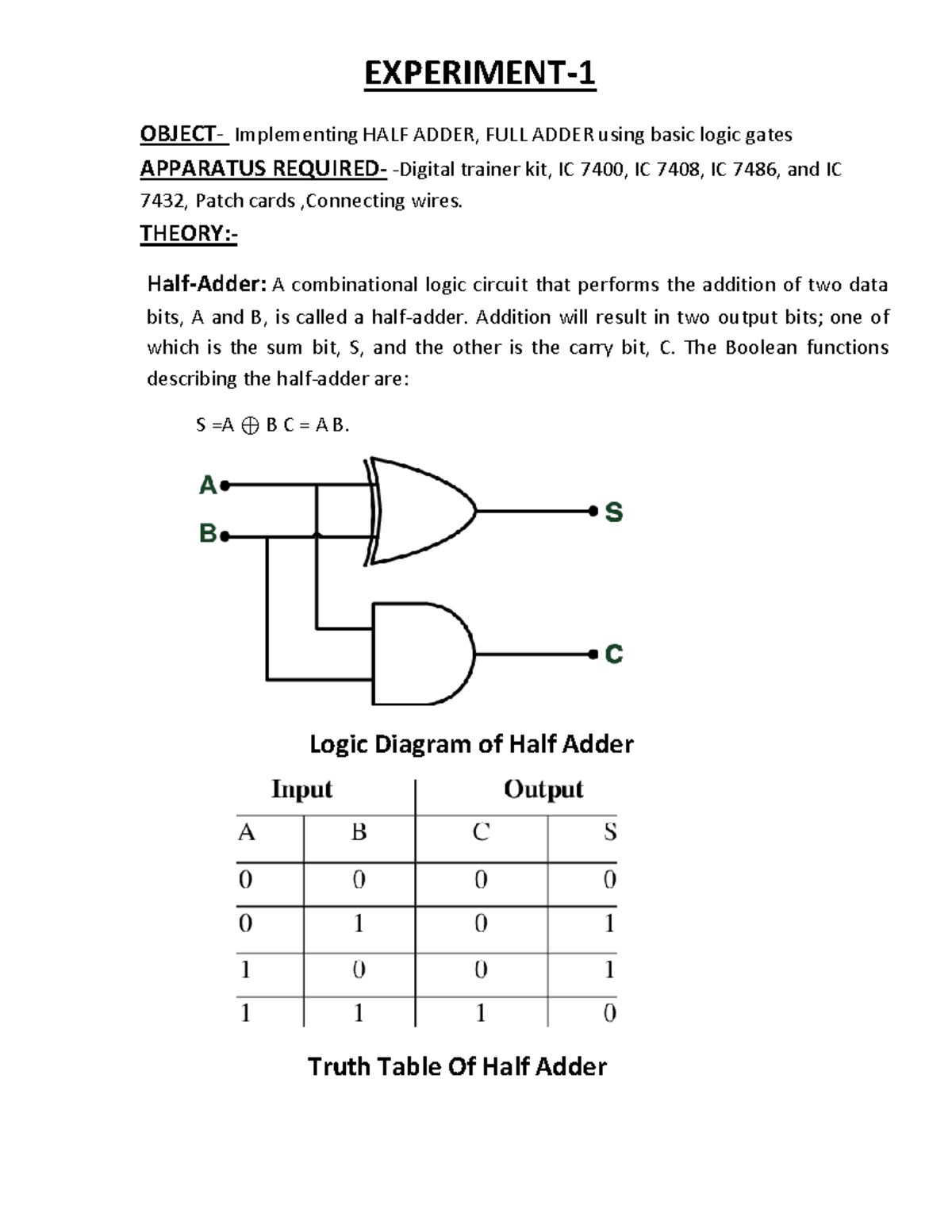 EXP 1 - Half Adder and Full Adder Implementation Guide - Studocu