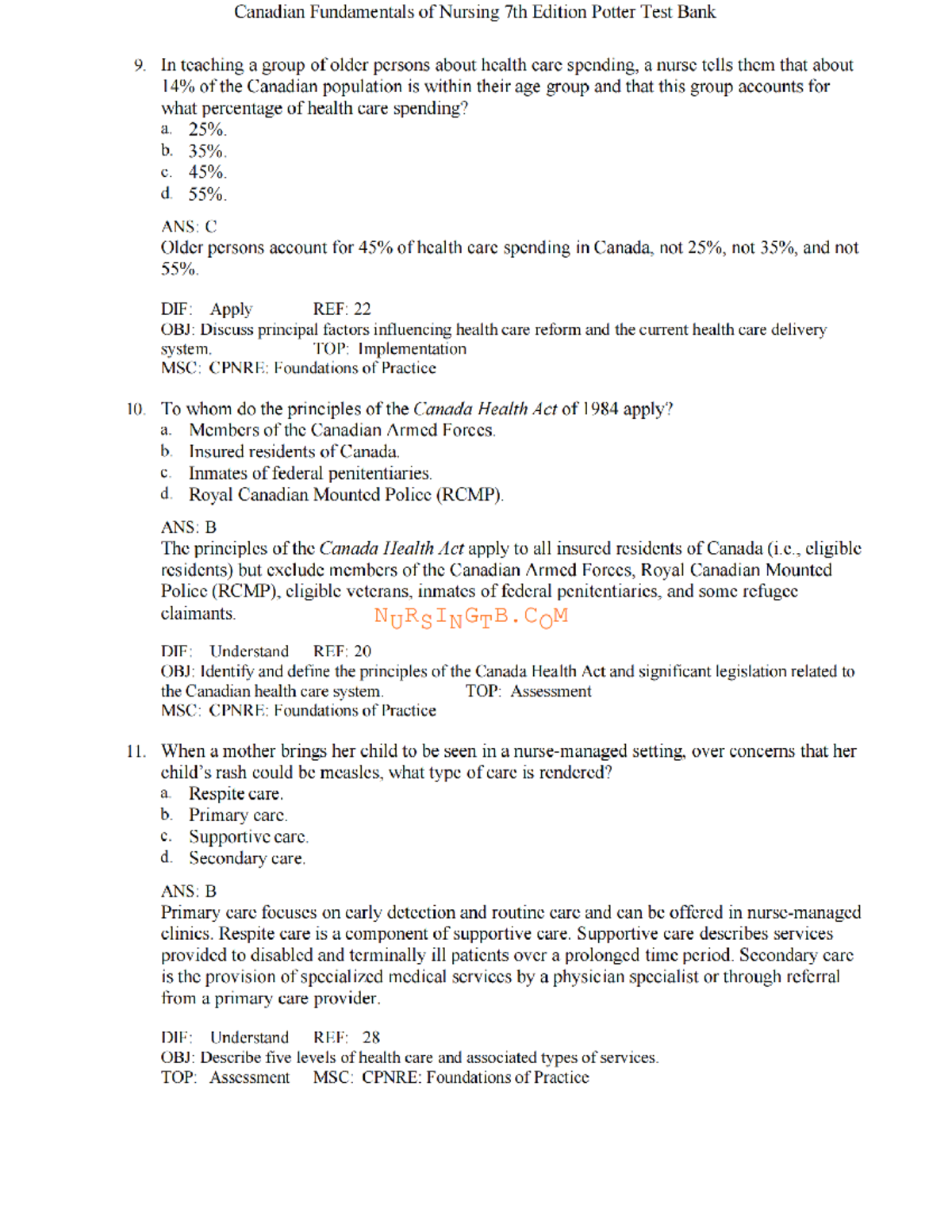 Test Bank for Canadian Fundamentals of Nursing 7th Ed. Potter - Studocu