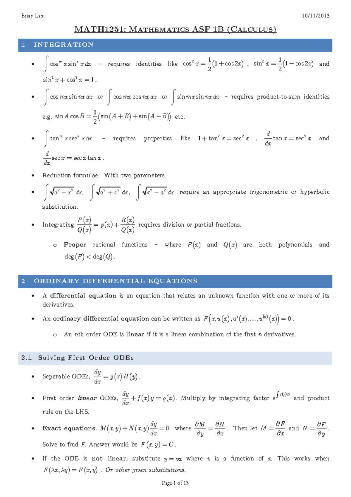 MATH1251: Final Exam Notes on Calculus and Differential Equations - Studocu