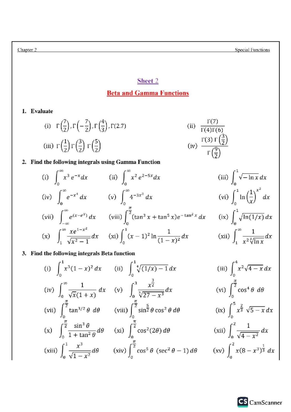 Chapter 2: Special Functions - Beta & Gamma Functions (Math 5) - Studocu