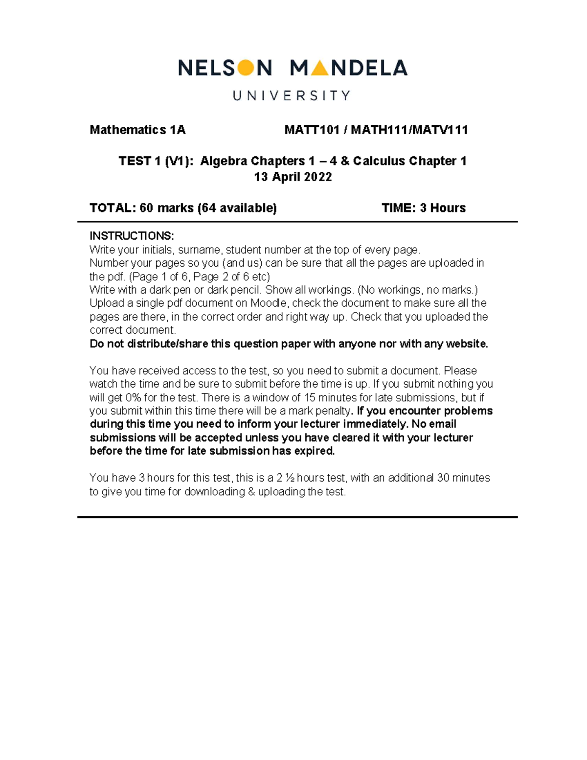 Mathematics 1A MATT101 Semester Test 1: Algebra & Calculus Overview ...