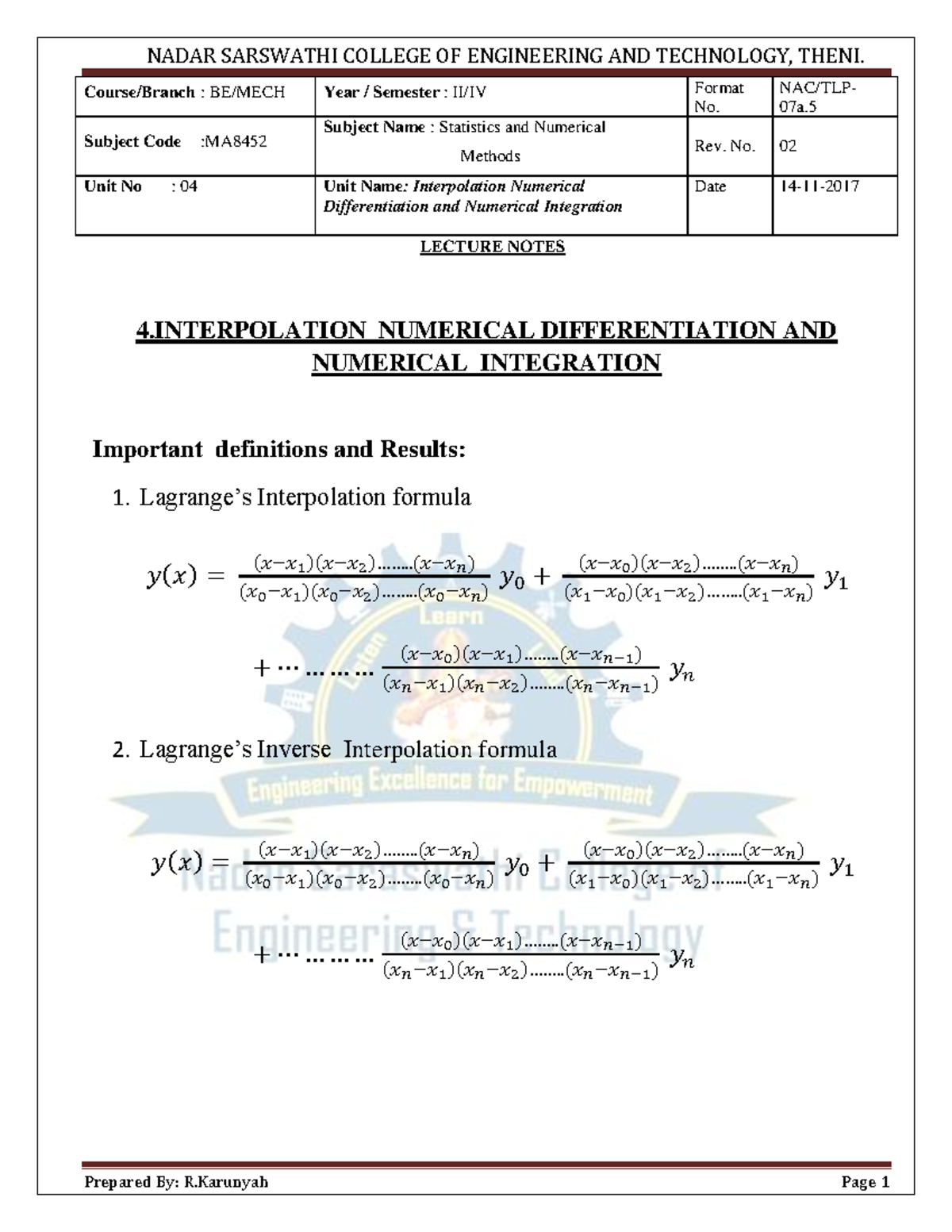 MA II/IV Lecture Notes: Numerical Differentiation & Integration Methods ...