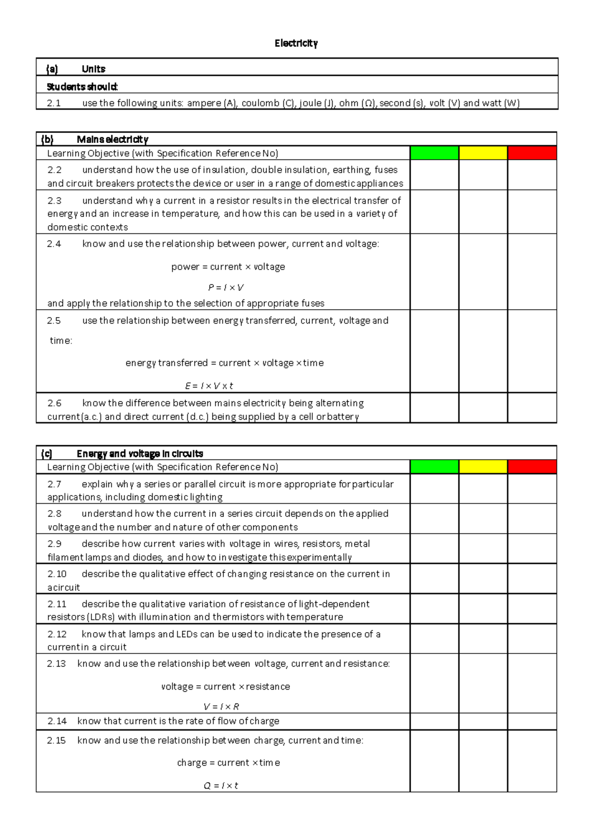 02 Electricity Topic Checklist: Key Concepts & Units - Studocu
